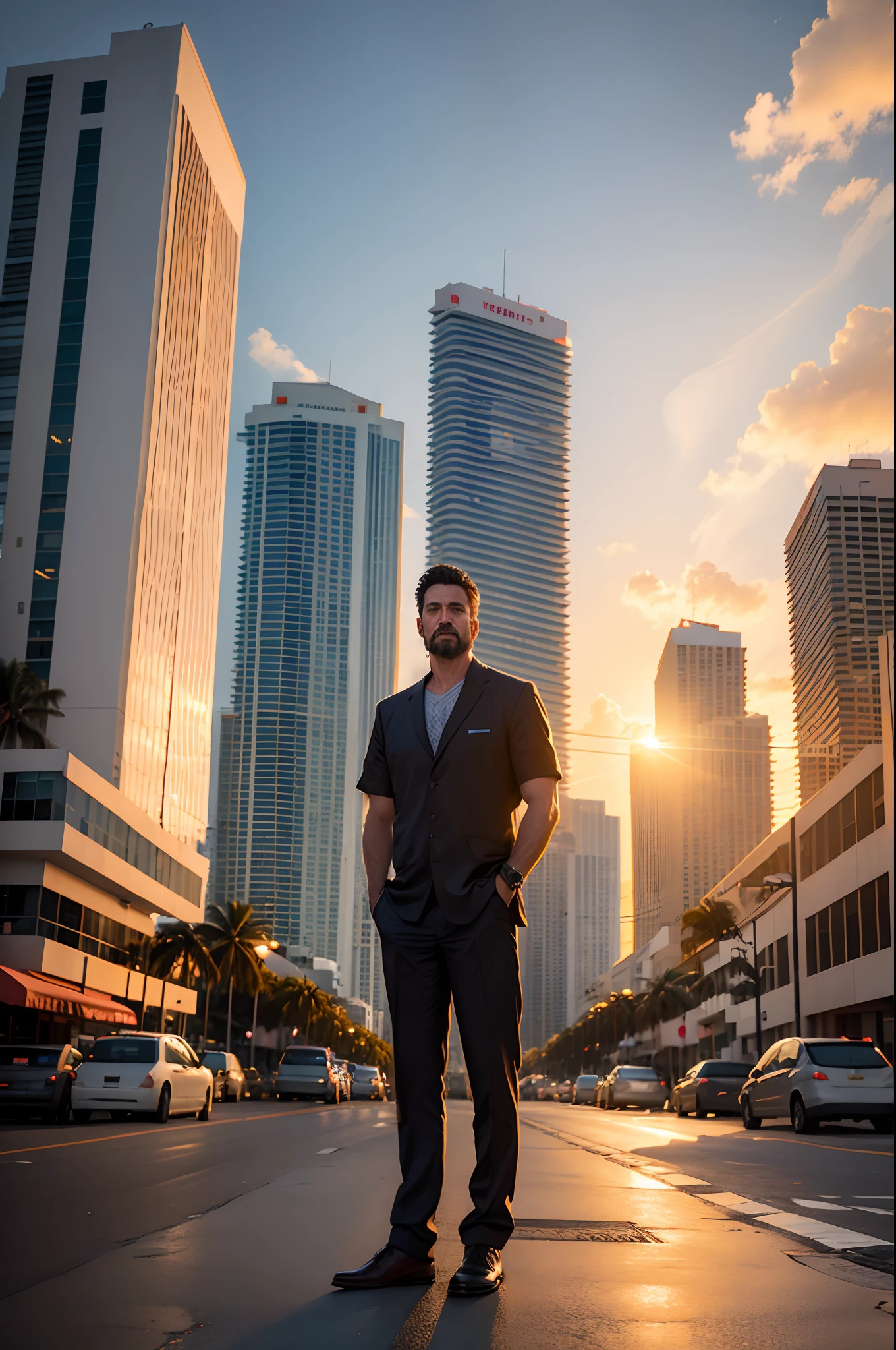 A picture of a man standing on the streets of Miami at sunset in high resolution