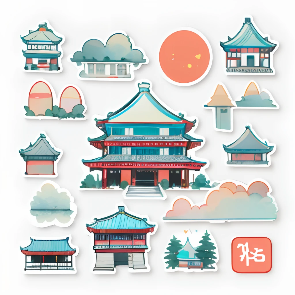 1 sticker, (stickers, chinese rich building), watercolor, white background, simple background, minimal, tiny, pastel color, vector style, no gradient,
