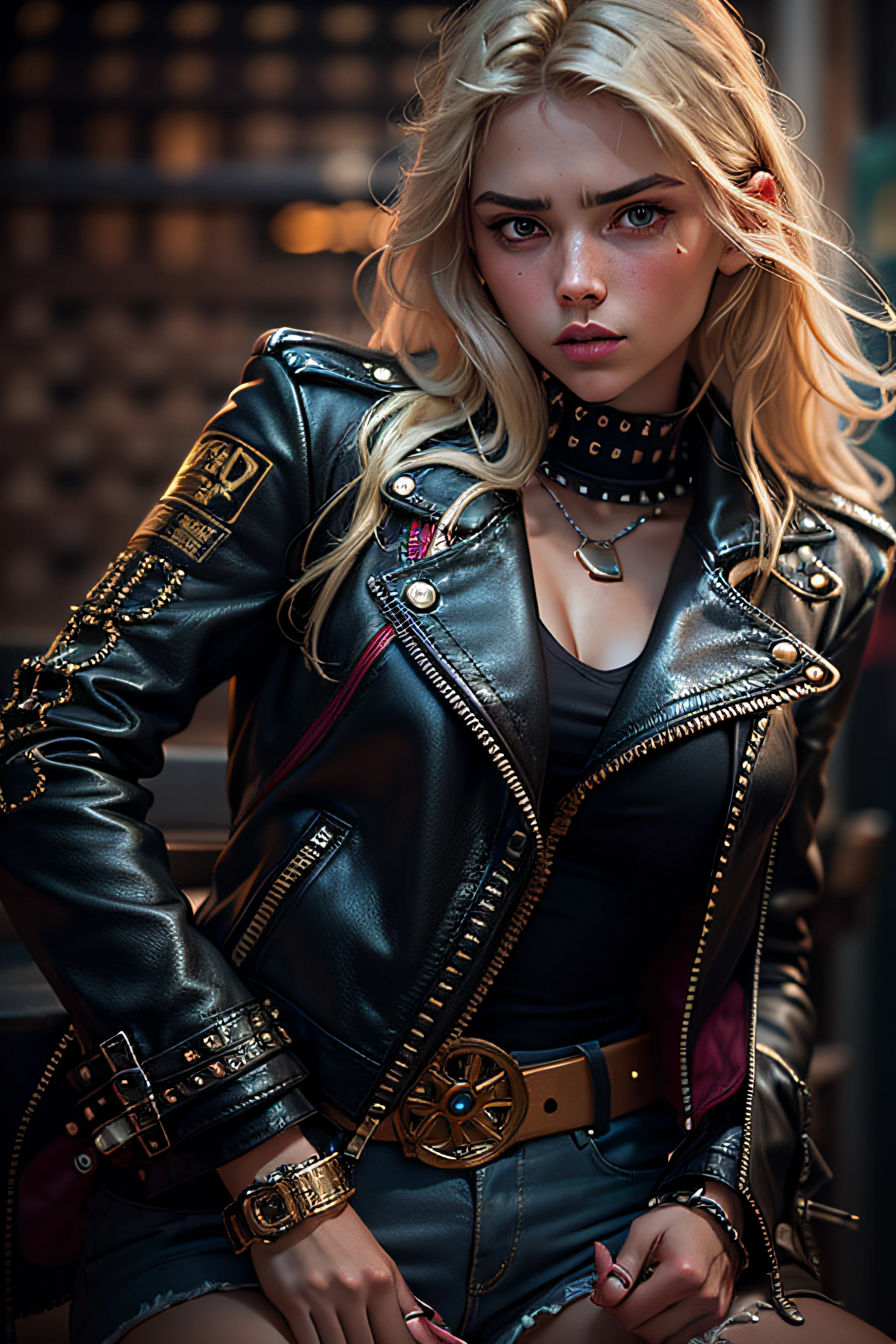 Portrait of a blonde girl. 20 years old, photograph, wearing studded collar, wearing leather shorts, wearing a black leather jacket, wearing boots, punch rivet belt, highly detailed face, depth of field, moody light, golden hour, style by Dan Winters, Russell James, Steve McCurry, centered, extremely detailed, Nikon D850, award winning photography