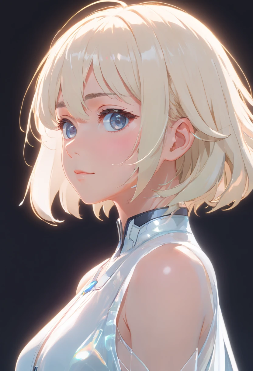 Highest quality,The perfect masterpiece,Perfect artwork,Official Works,8K,, (Upper Body Portrait:1.3),((Seen from the side:1.5)),close-up lens,Delicate face,, ,White-haired girl,(hakuhatsu:1.5),short and medium hair,((White transparent eyes:1.5)),(white dress:1.2),(Transparent clothing:1.2),(Black background:1.3),, pearl illusion,Cyberpunk,fashion trend,3s material,high-definition,detail representation,c4d,3D,octane rendering,ray tracing,complex details,animated lighting,OCrenderer,