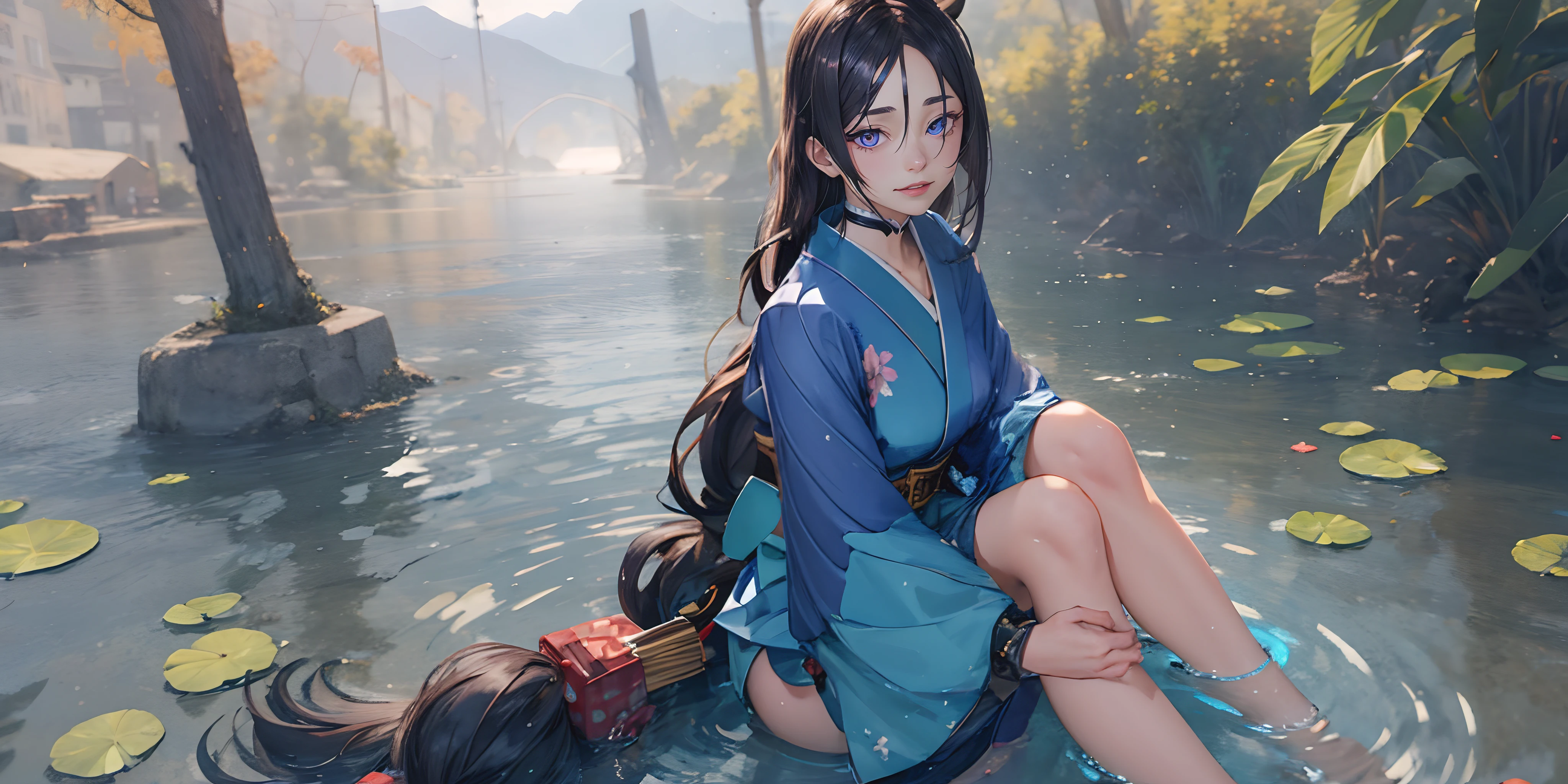 (dark-puprle hair, long hair:1.6), purple eyes, japanese_clothes, 1girl, sitting, water, kimono, flower, wide_sleeves, blue_kimono, solo, barefoot, breasts, bangs, long_sleeves,  looking_at_viewer, lily_pad,  outdoors, sash, glow effects, godrays, Hand drawn, render, 8k, octane render, cinema 4d, blender, dark, atmospheric 4k ultra detailed, cinematic, Sharp focus, big depth of field, Masterpiece, colors, 3d octane render, 4k, concept art, trending on artstation, hyperrealistic, Vivid colors, extremely detailed CG unity 8k wallpaper, trending on CGSociety, Intricate, High Detail, dramatic, glowing eye