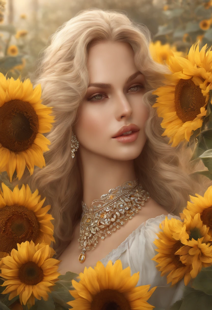 ( absurderes , High quality , Ultra detailed ) ,( Hand drawn details ) , 1girll, Solo, mature, Very long hair, Sunflower seed hair , Beautiful crystal eyes ( eye detailed ) baroque, necklace, Long dress, longer sleeves, elegant, Colorful, highest details, Upper body , With rivers and sunflowers