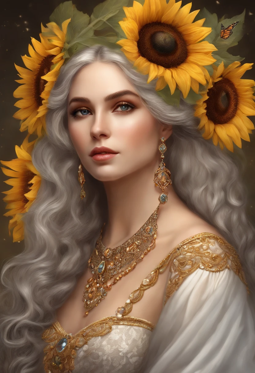 ( absurderes , High quality , Ultra detailed ) ,( Hand drawn details ) , 1girll, Solo, mature, Very long hair, Sunflower seed hair , Beautiful crystal eyes ( eye detailed ) baroque, necklace, Long dress, longer sleeves, elegant, Colorful, highest details, Upper body , With rivers and sunflowers