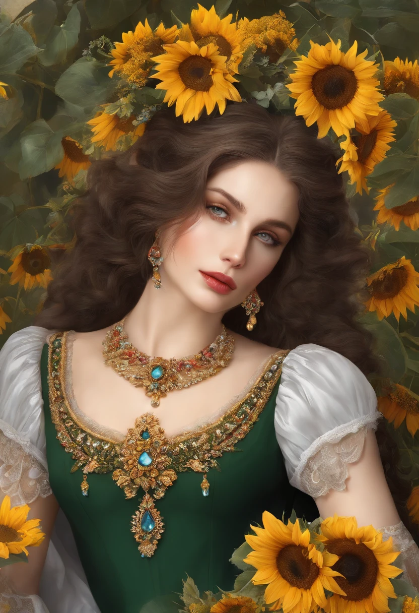 ( absurderes , High quality , Ultra detailed ) ,( Hand drawn details ) , 1girll, Solo, mature, Very long hair, Sunflower seed hair , Beautiful crystal eyes ( eye detailed ) baroque, necklace, Long dress, longer sleeves, elegant, Colorful, highest details, Upper body , With rivers and sunflowers
