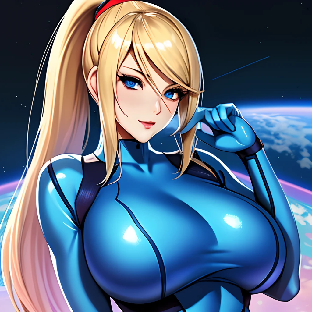 narrow waist, looking at viewer, seductive posture, sexy pose, alluring, clean, beautiful face, pure face, pale skin, samus, mole, (((portrait))), (((zero suit))), ponytail, (blue eyes), spaceship, huge breasts