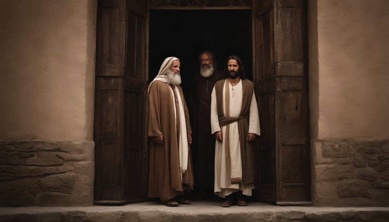 Two disciples of Jesus Christ in the city of Canan, In front of the door of a poor house, simples, Biblical characters