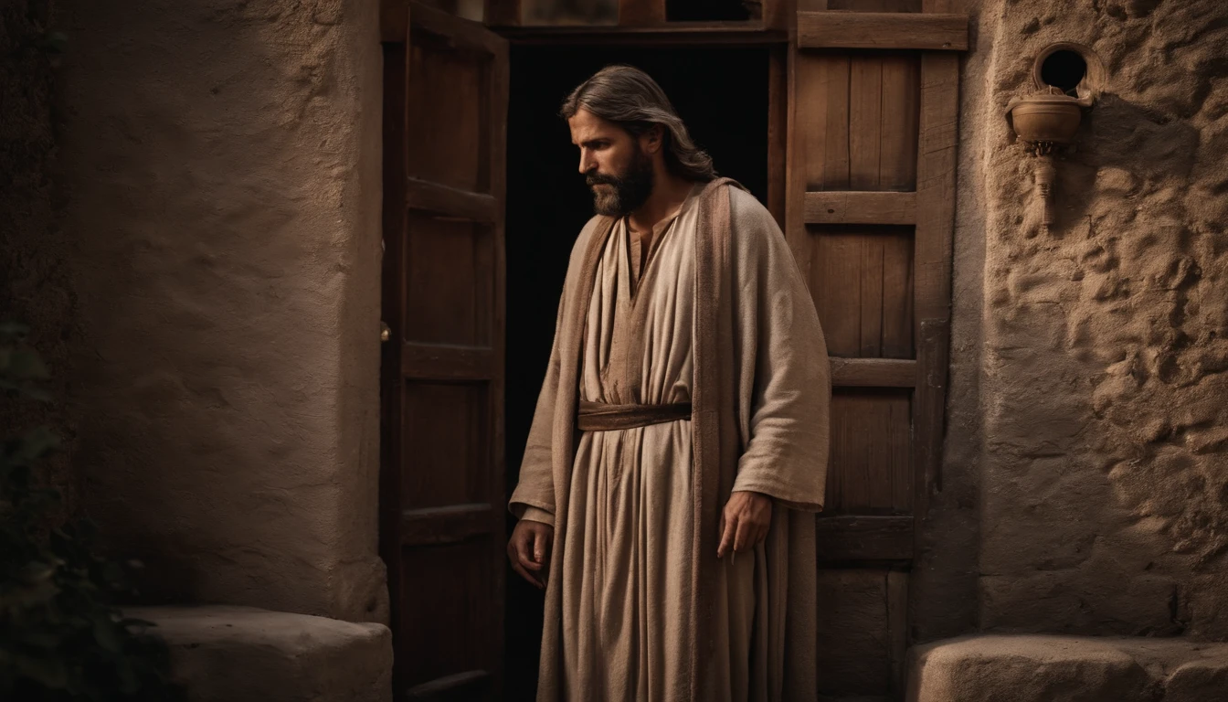 Two disciples of Jesus Christ in the city of Canan, In front of the door of a poor house, simples, Biblical characters