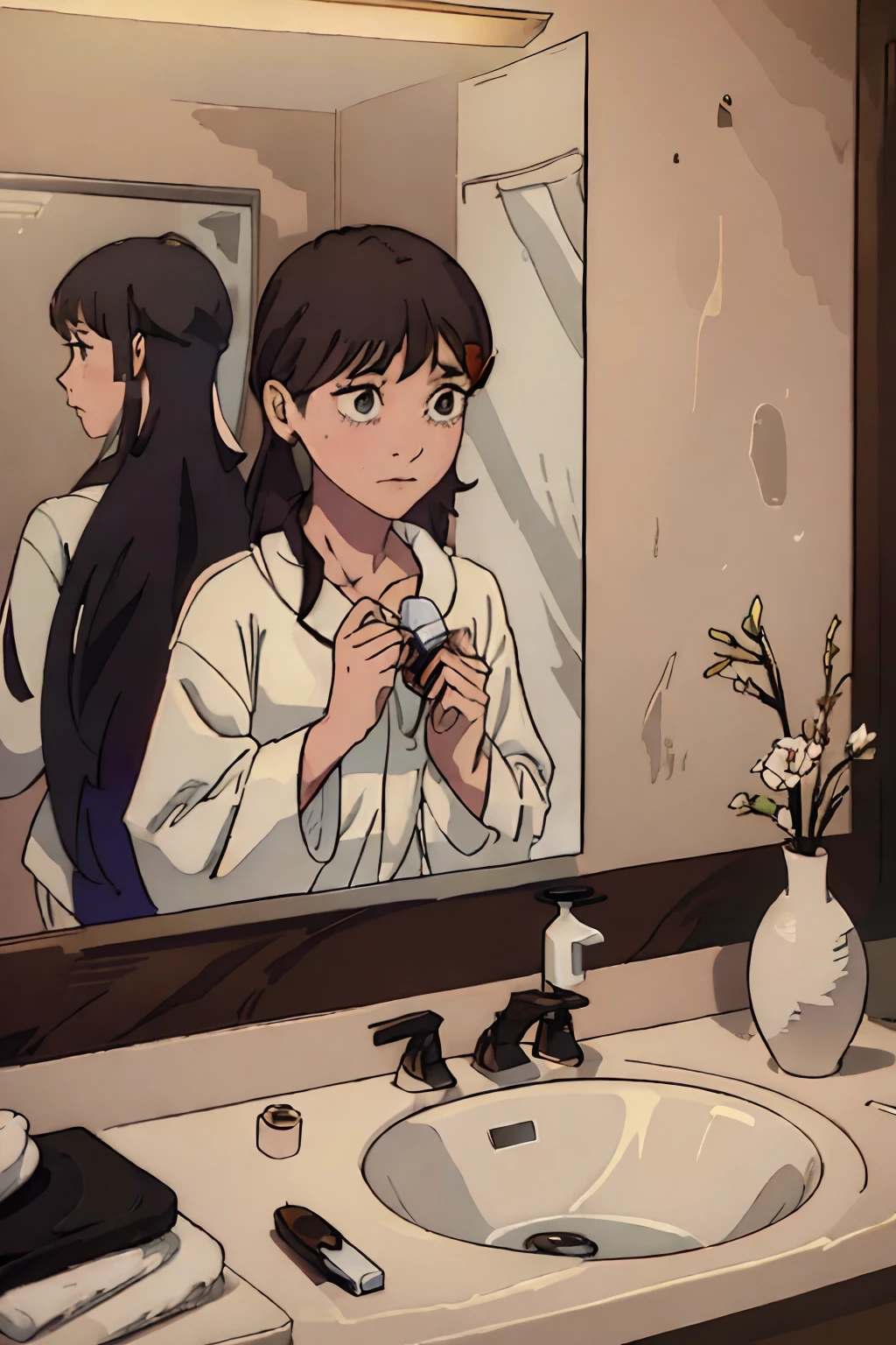 A girl looking at herself in a bathroom, Kobeni (Chainsaw Man), nervous.

(best quality,4k,8k,highres,masterpiece:1.2), ultra-detailed, (realistic,photorealistic,photo-realistic:1.37), bathroom (with glass mirror:1.1), beautiful and spacious bathroom, exquisite interior design, large frameless mirror, soft and even lighting, marble countertop, chrome fixtures, porcelain sink, elegant vanity, mosaic pattern, warm color scheme, shiny reflective surfaces, gleaming floor, pristine white walls, floor-to-ceiling glass window, strategically placed plants, cozy bathrobe hanging on the door, fluffy towels neatly stacked, scent of rose petals, steam lingering in the air.

A young girl with (long flowing hair:1.1), sparkling eyes, rosy cheeks, and a slight smile on her lips. She is dressed in a (colorful casual outfit:1.1) that complements the vibrant atmosphere of the bathroom. Her (reflection in the mirror:1.1) captures her (curiosity:1.1) and (nervousness:1.1) as she carefully examines her appearance.

Kobeni from Chainsaw Man stands beside her, providing a sense of (fantasy:1.1) and (adventure:1.1). He is depicted in (anime style:1.1), with (dynamic poses:1.1) and (exaggerated proportions:1.1). His (expression:1.1) shows a mix of (determination:1.1) and (playfulness:1.1), adding depth to the composition.

The bathroom is adorned with various (cosmetic products:1.1), such as perfume bottles, makeup brushes, and skincare items. These details emphasize the girl's (beauty routine:1.1) and her desire to present herself in the best way possible.

The light streaming through the window casts a (soft glow:1.1) on the scene, creating interesting (highlights and shadows:1.1). The natural lighting enhances the (tranquility:1.1) of the moment and highlights the girl's delicate features.

Overall, the artwork captures a sense of (personal reflection:1.1) and (self-discovery:1.1) as the girl contemplates her appearance. The combination of the elegant bathroom setting, the presence of Ko