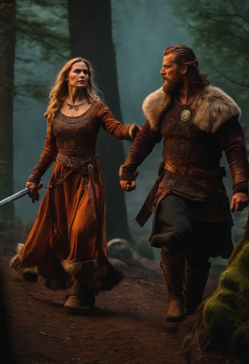 Guerreio viking e esposa lutando contra inimigos