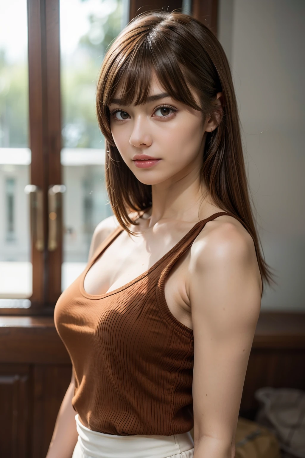 Realistic, Photorealsitic, masutepiece, Best Quality, 超A high resolution, Raw photo, Face Focus, elegent, Full body, (1girl in), 22year old, Tank Tops, Orange Tight Medium Skirt, (Brown hair), (Bangs Hair), Standing, (Smaller bust), Looking at Viewer, Beautiful fece, No makeup, Clean face, Perfect Anatomy, perfectly proportions, detailed human body