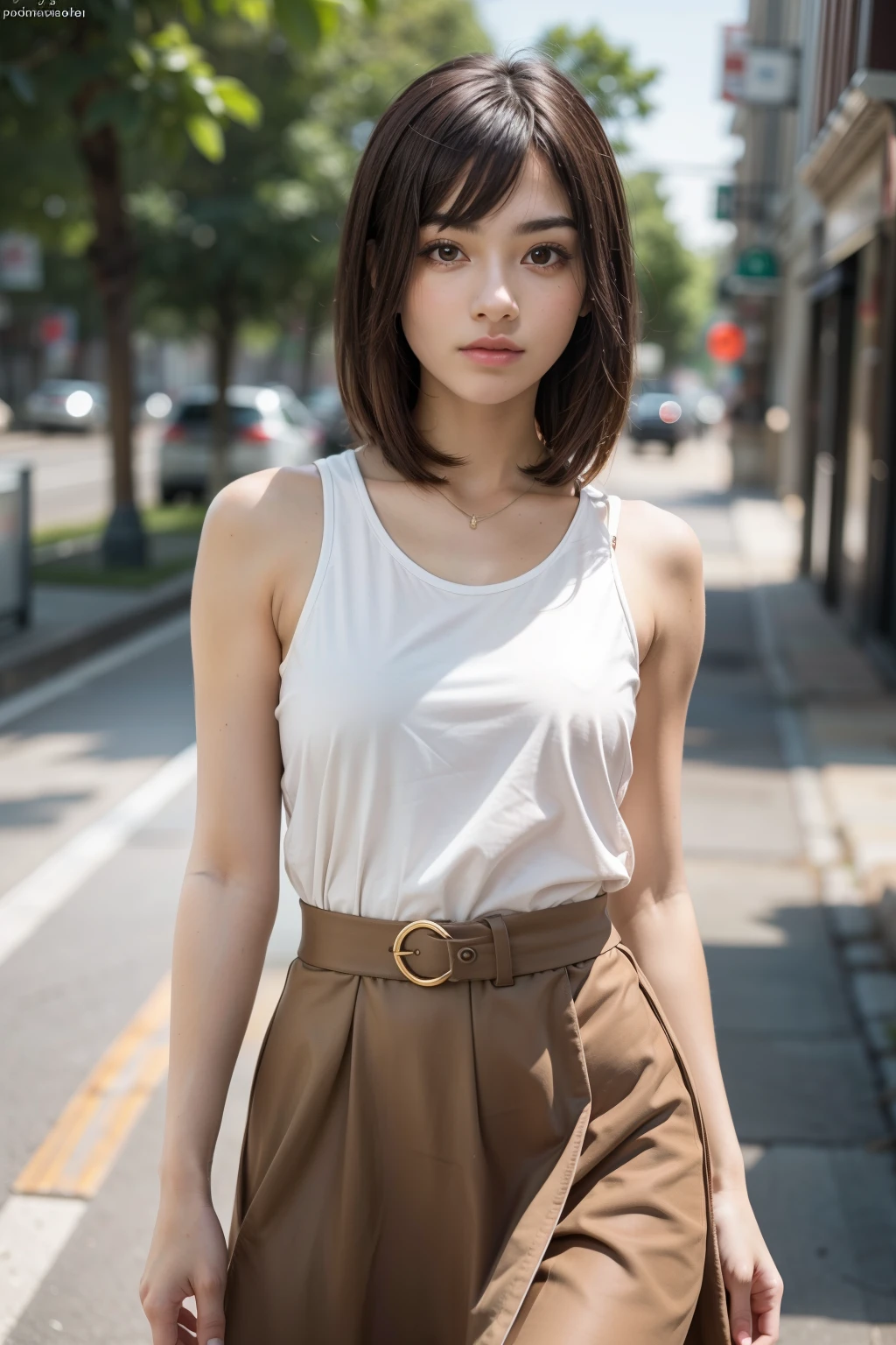 Realistic, Photorealsitic, masutepiece, Best Quality, 超A high resolution, Raw photo, Face Focus, elegent, Full body, (1girl in), 22year old, Tank Tops, Orange Tight Medium Skirt, (Brown hair), (Bangs Hair), Standing, (Smaller bust), Looking at Viewer, Beautiful fece, No makeup, Clean face, Perfect Anatomy, perfectly proportions, detailed human body