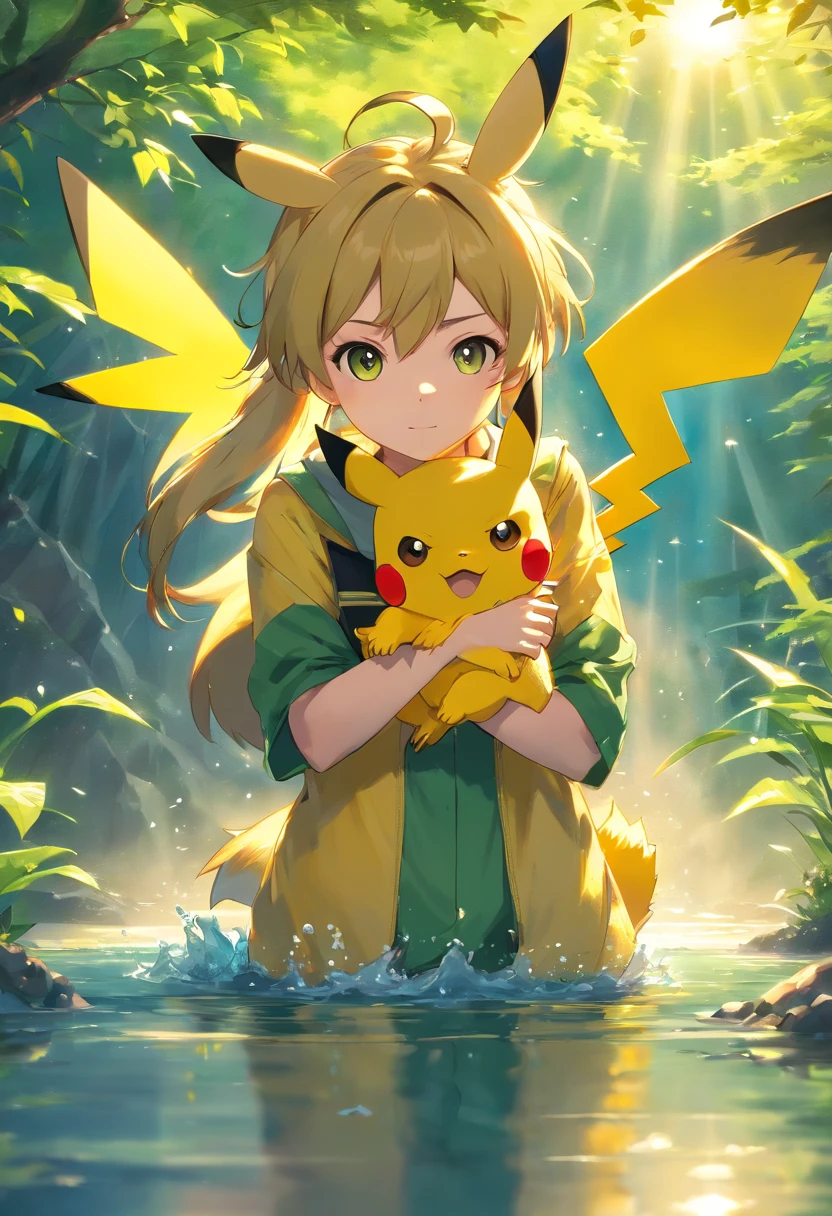 Pikachu, (in a lake), masterpiece, best quality, ultra quality, absurd details, best light, best shadow, sharp, sharp picture, detailed face, detailed eyes, detailed hair, detailed, extremely detailed, great resolution, 8k, 4k, uhd, ray tracing, beautiful effects, image of (full body)