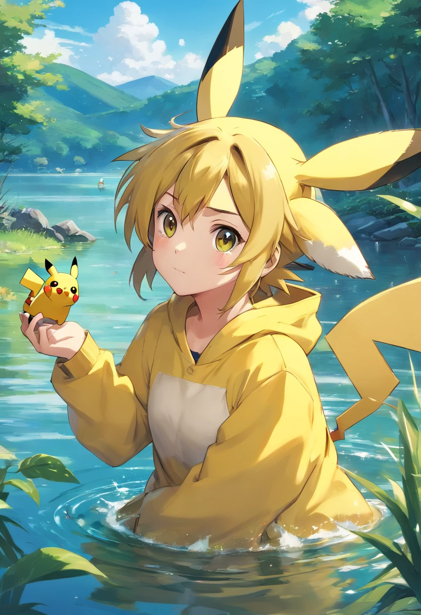Pikachu, (in a lake), masterpiece, best quality, ultra quality, absurd details, best light, best shadow, sharp, sharp picture, detailed face, detailed eyes, detailed hair, detailed, extremely detailed, great resolution, 8k, 4k, uhd, ray tracing, beautiful effects, image of (full body)