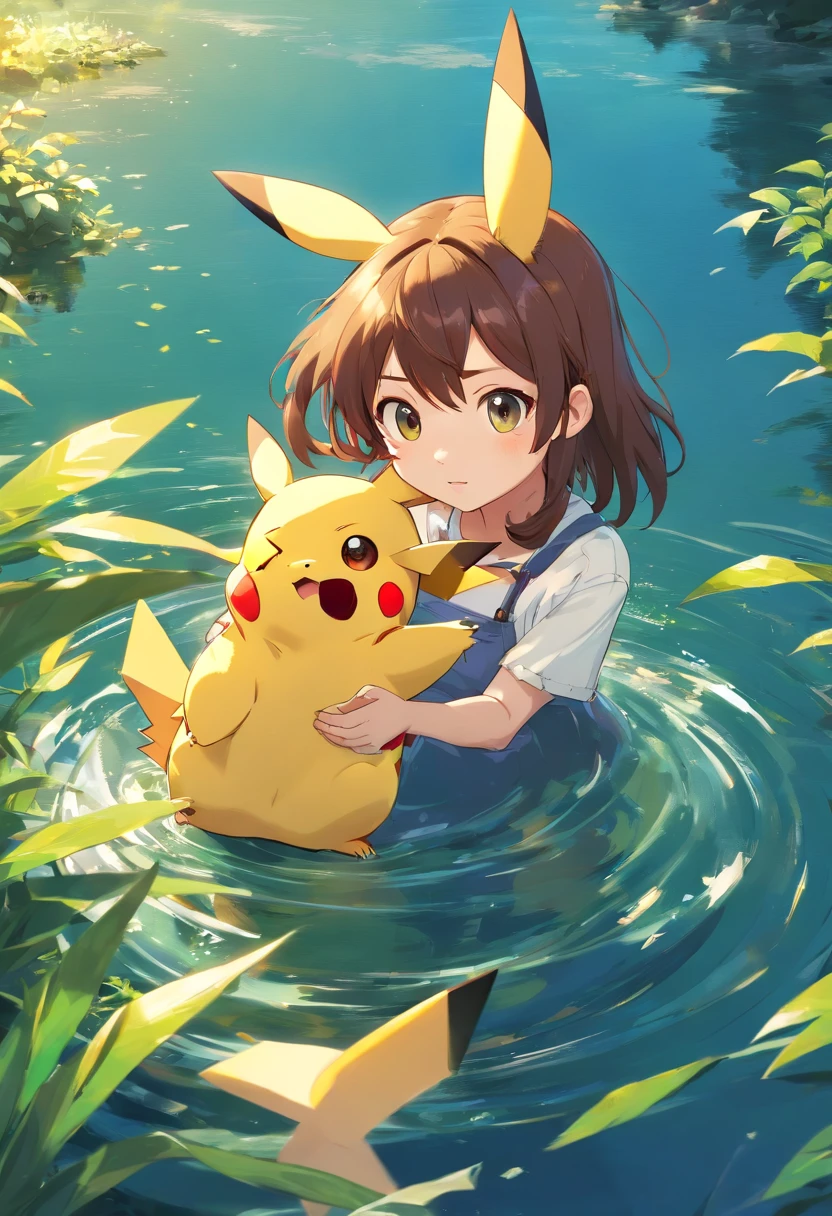 Pikachu, (in a lake), masterpiece, best quality, ultra quality, absurd details, best light, best shadow, sharp, sharp picture, detailed face, detailed eyes, detailed hair, detailed, extremely detailed, great resolution, 8k, 4k, uhd, ray tracing, beautiful effects, image of (full body)