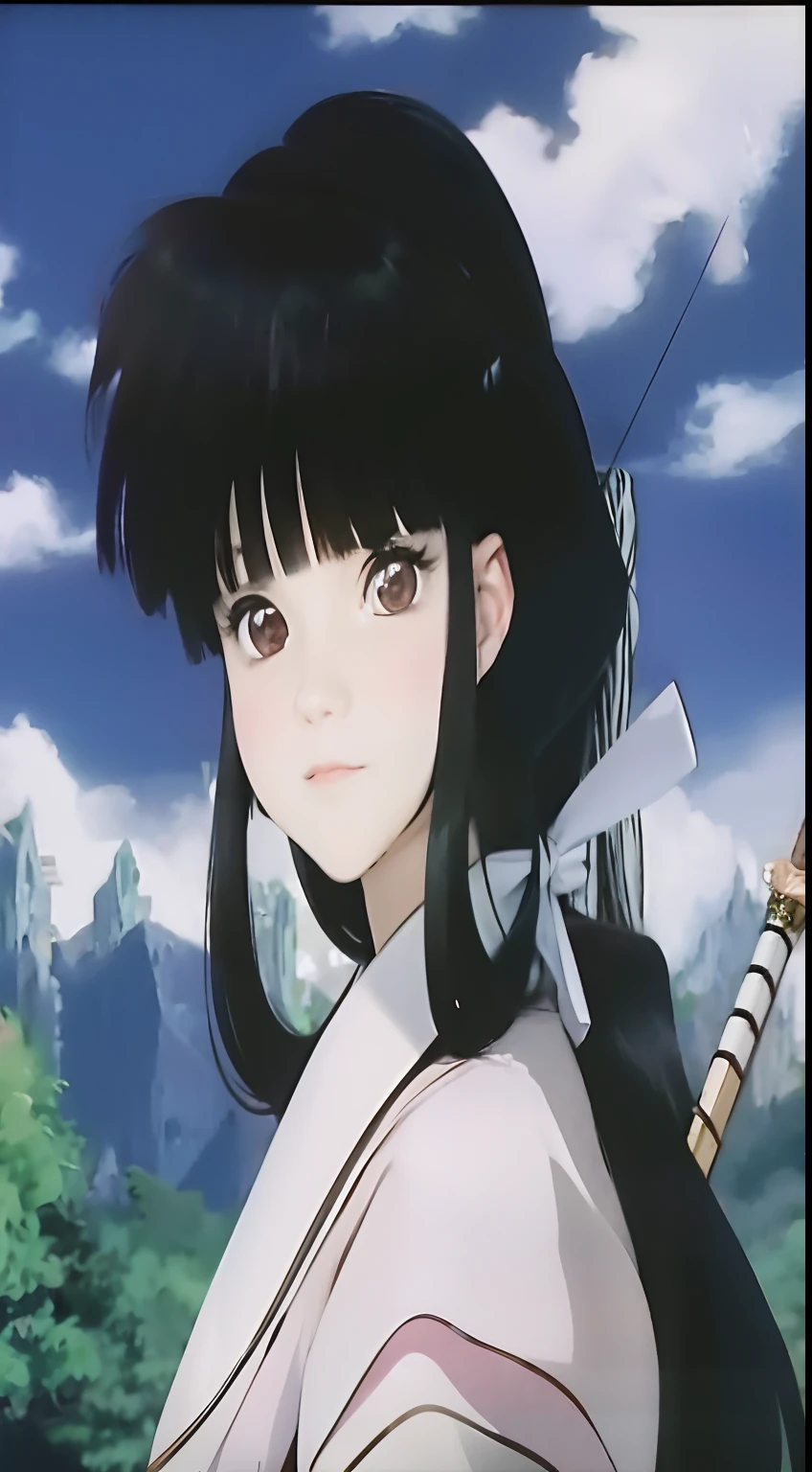 brunette color hair，Anime girl with bow and arrow in her hand, rumiko, inspired by Kusumi Morikage, inspired by Rumiko Takahashi, inuyasha, author：Rumiko Takahashi, :14 80s anime style, ikki tousen, ninja scroll anime style, yuyushiki, Anime masterpiece, 80s anime ova style