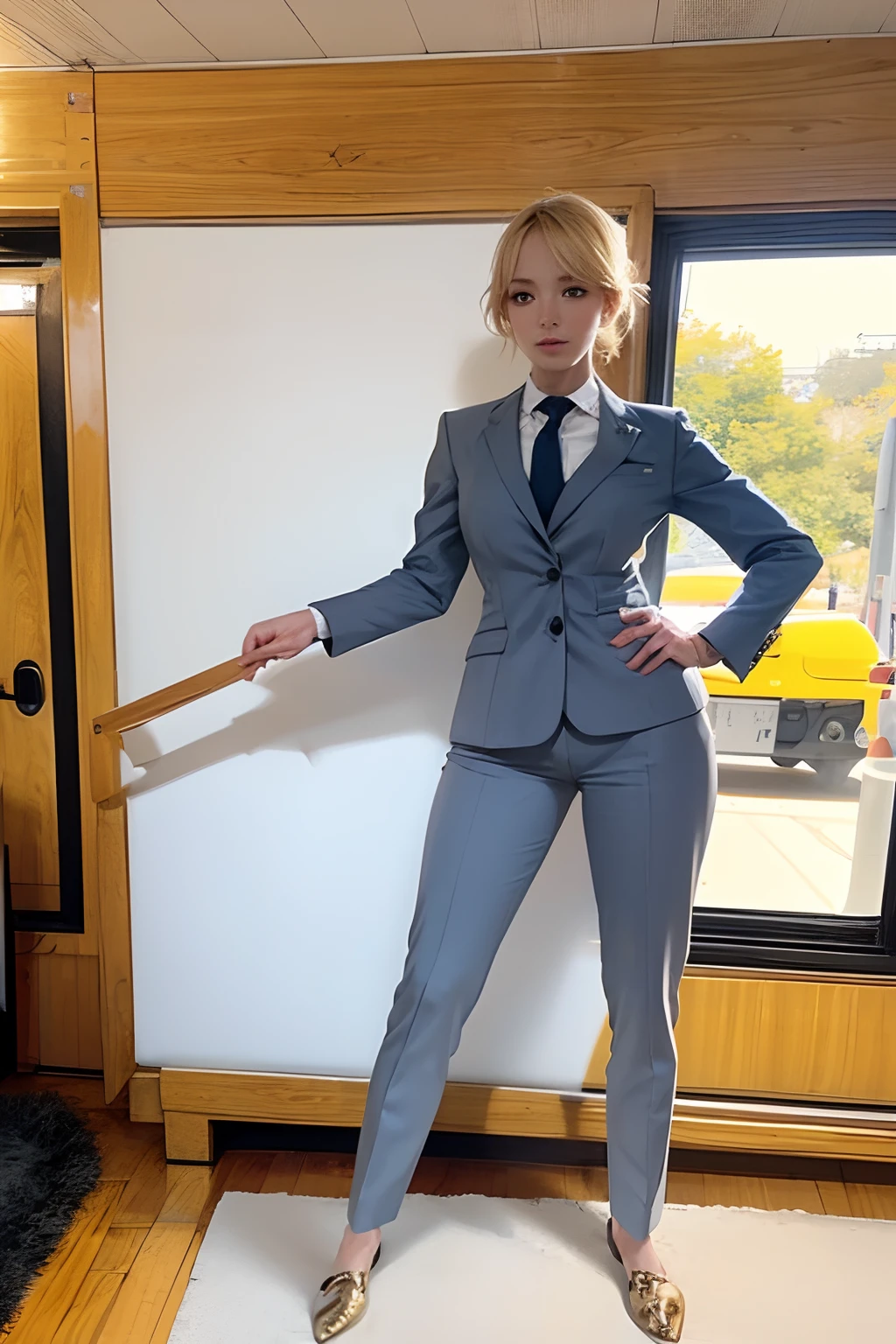 (high image quality),1female,Full-body pose,Photorealistic,(Factual3.0),a blond, Wearing a suit, Dreamy background