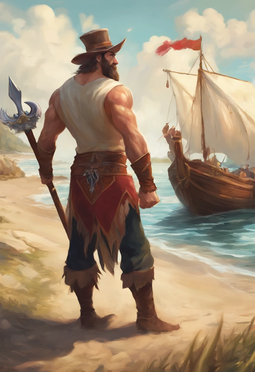 A realistic illustration of a large size, Muscular man wearing a magician's hat and holding a scepter, stands with his back to the camera in the foreground, Dealing with boats, On peut voir des marchands remplir l'embarcation