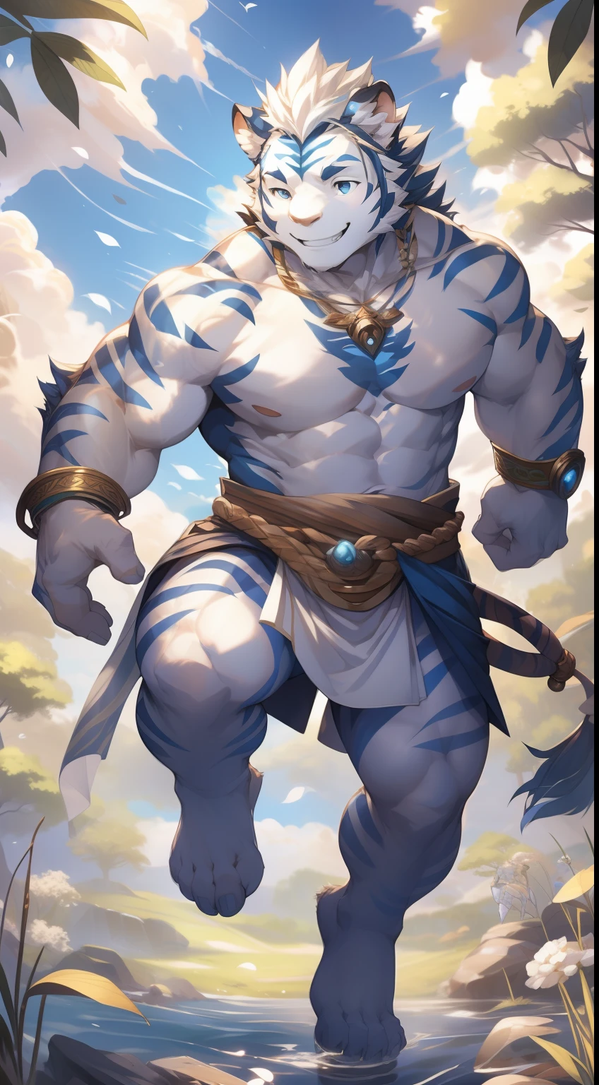(by null-ghost, by thebigslick, By Darkgem, by Honovy), Kogenta (Onmyoji Oyamaji Temple), high-definition photograph, Perfect anatomy, Anthropomorphic white tiger，ancient god，36 years old，Bare upper body，The pectorals and abs are very strong，White fur，blue color eyes，Divine smile，Blue lightning tattoo on the chest，Suspended in the air，dressed white hanfu，The barefoot，Gold wristband，There is a halo in the back of the head，Current surrounds，Flowing clouds fly，Green leaves flying，Background of the forest，full body shot of，eastern style，song dynasty，realisticlying，Impressive，Perfect anatomy，depth of fields，Epic atmosphere