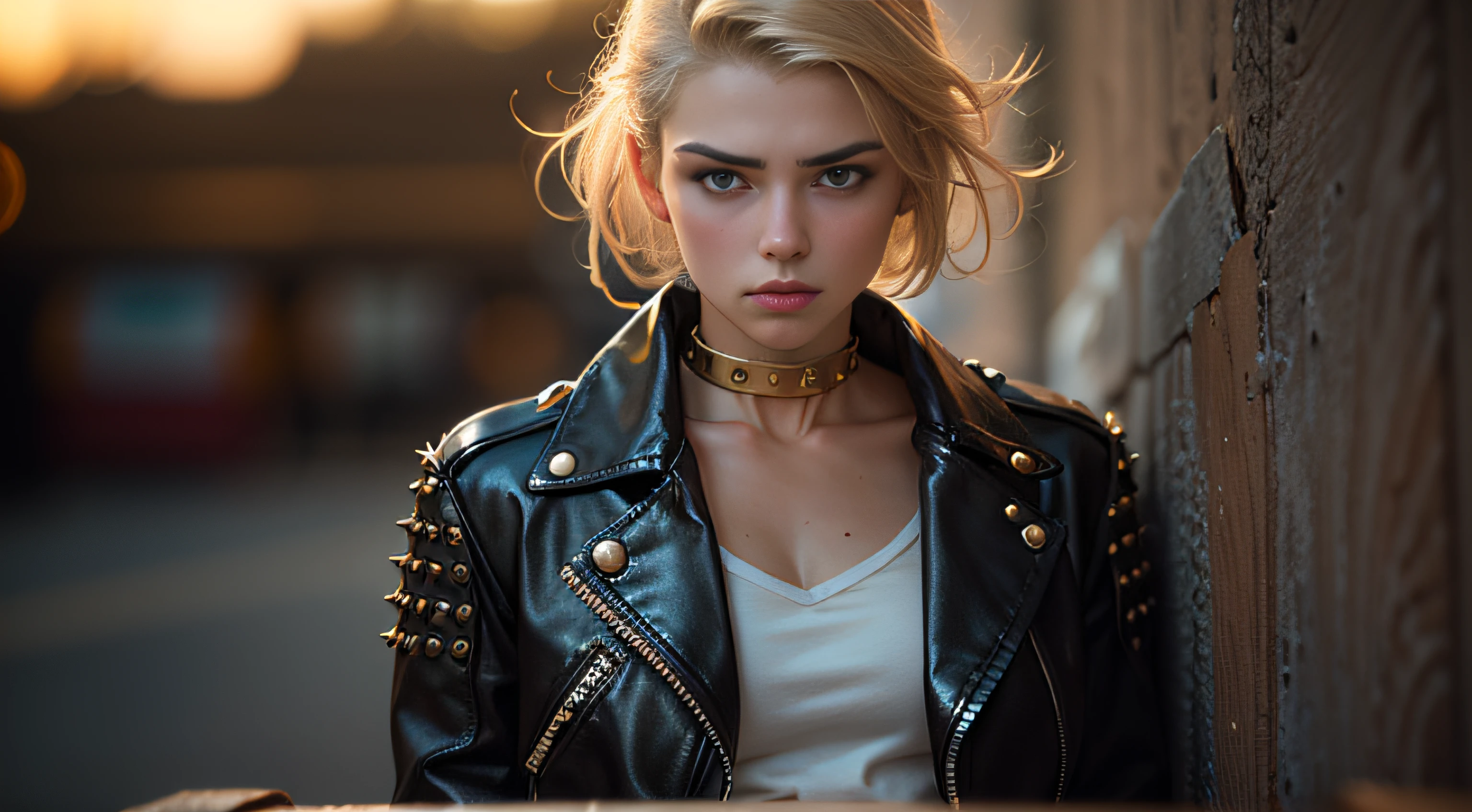 Portrait of a blonde girl. 20 years old, photograph, wearing studded collar, wearing leather shorts, wearing a black leather jacket, wearing boots, punch rivet belt, highly detailed face, depth of field, moody light, golden hour, style by Dan Winters, Russell James, Steve McCurry, centered, extremely detailed, Nikon D850, award winning photography