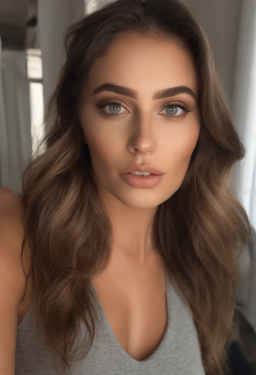 Arafed woman in sexy T-shirt, cooking, Sexy girl with brown eyes, portrait sophie mudd, brown hair and large eyes, selfie of a young woman, Chamber eyes, violet myers, no makeup, natural makeup, looking straight at camera, face with artgram, fine makeup, Excellent full-length photography, cleavage