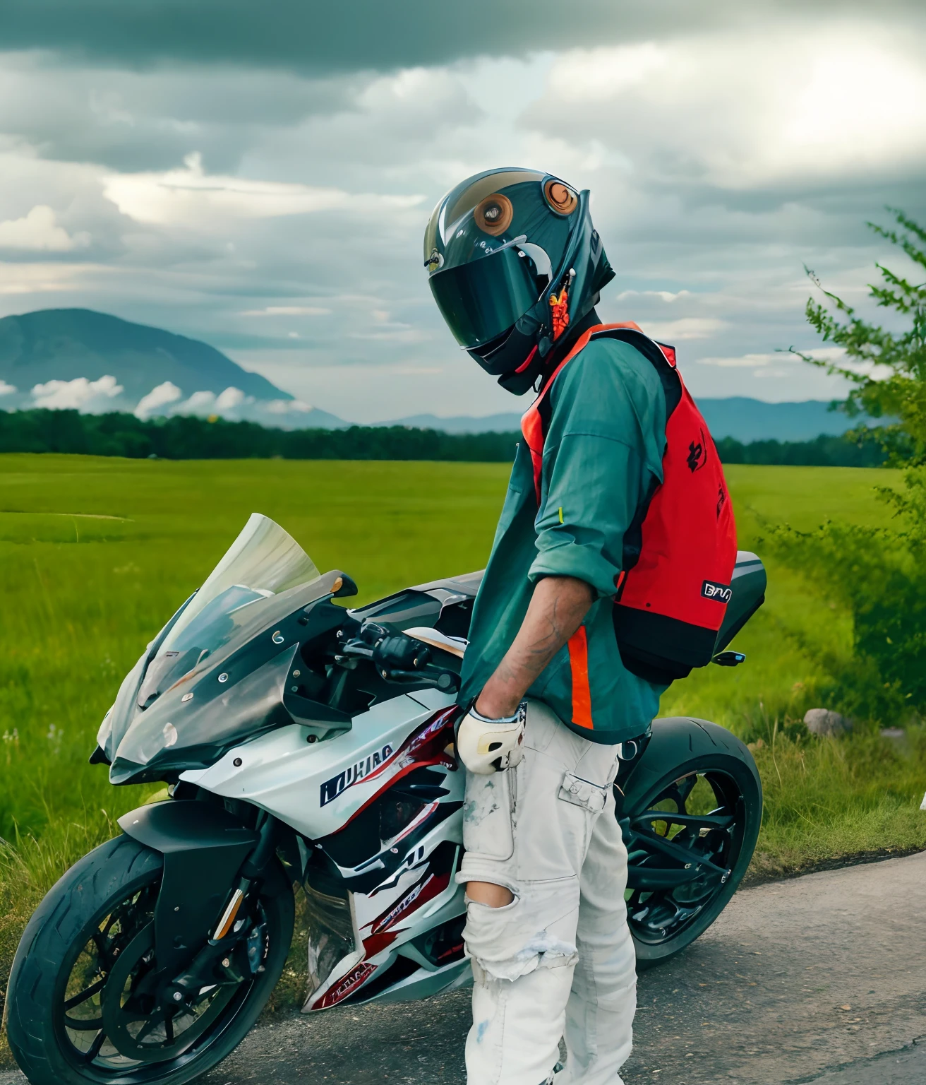 there is a man standing next to a motorcycle on the road, motorbiker, picture of a male biker, riding a motorcycle, motorcycle, biker, portrait shot 8 k, without helmet, wearing helmet, riding on the road, riding a motorbike, holding helmet, wearing a helmet, color picture, sitting on a motorcycle, lonely rider, motorbike, perspective shot, motorcycle helmet