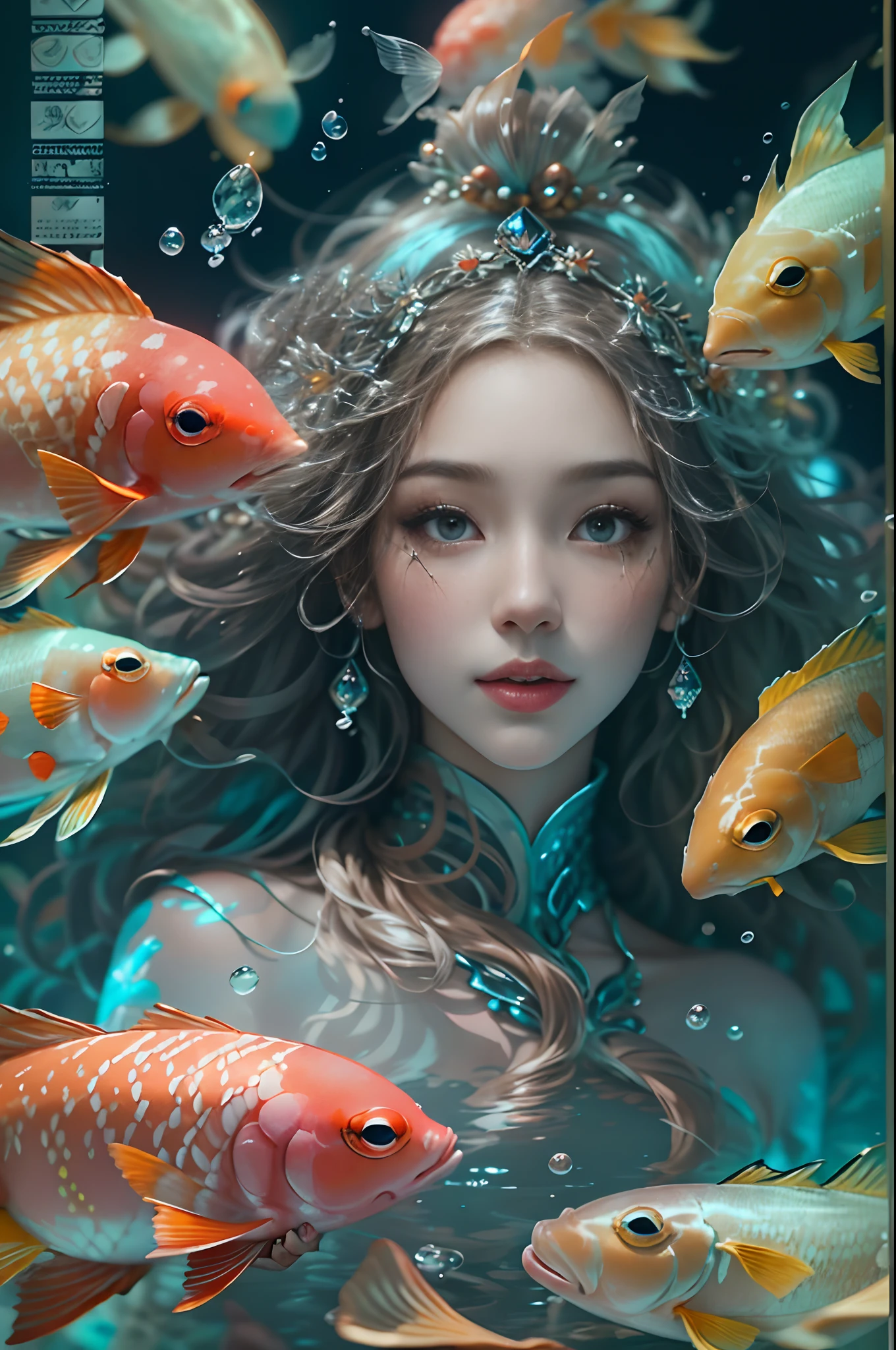 ModelShoot style, (Extremely detailed Cg Unity 8K wallpaper), 1 queen avatar，diadems，curlies，Long hair flowing in the water，Long curly hair fluttering in the water,A chaotic storm of intricate liquid smoke in the head, Stylized beautiful full-length abstract portrait, wetted skin, Beautiful koi，Flocks of koi,carp，Futuristic underwater translucent ice palace close-up,Colorful tropical fish, Beautiful coral reef in the background，Undersea Kingdom，Igloo，Ice Sculpture Palace，Ice cube room，The palace of the Ice Queen，light  leaks，depth of fields，Amazing scenery，author：Petros Afshar, ross tran, tom whalen, Peter Mohrbacher, Art germ, Broken glass, ((bubbly underwater scenery)) Radiant light octane rendering is highly detailed