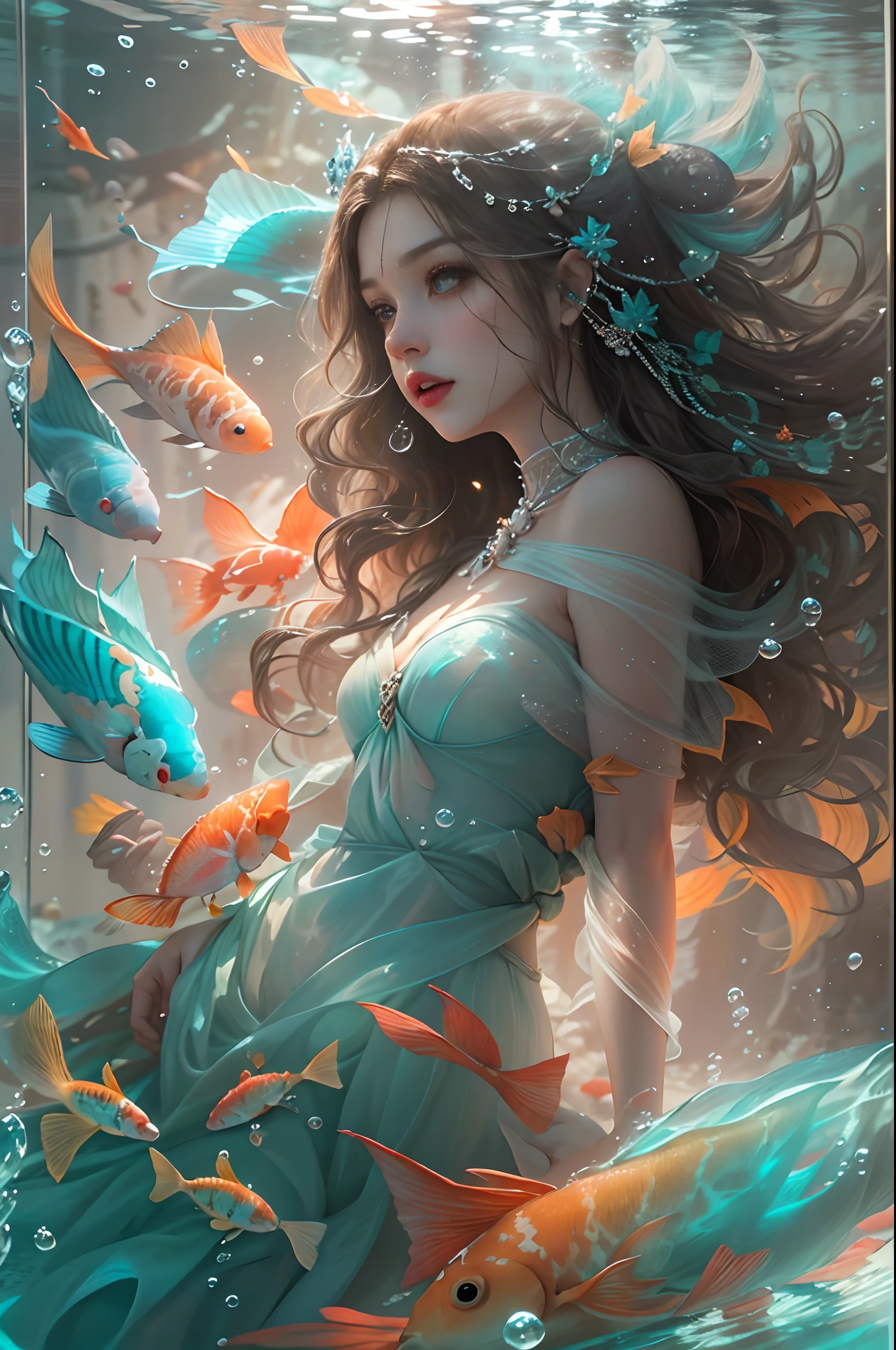 Three-quarters of the woman's side face, eyes closed, enjoying the tranquility, lying in the water, hair fluttering and flying, the second half of the picture has some green plants, there are some fish in the picture around the woman, two-dimensional style --auto --s2