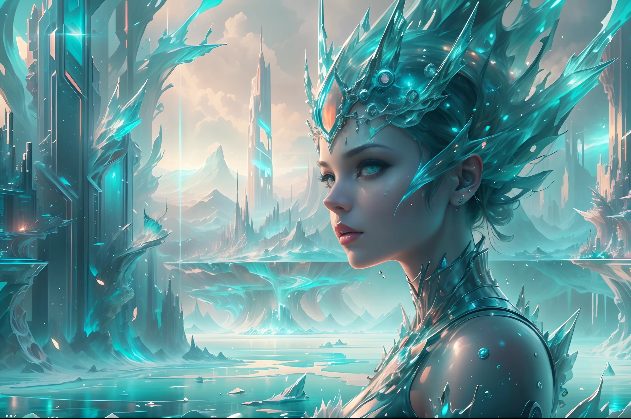 ModelShoot style, (Extremely detailed Cg Unity 8K wallpaper),Beautiful deep sea landscape,Fantastic transparent ethereal queen stylized abstract portrait close-up,The crown of the futuristic queen,Futuristic underwater translucent ice palace close-up,Colorful tropical fish, Beautiful coral reef in the background,Undersea Kingdom,Igloo,Ice Sculpture Palace,Ice cube room,The palace of the Ice Queen,Art germ, Broken glass, ((bubbly underwater scenery)) ,Radiant light octane rendering is highly detailed,photography of:Brandon Woelfelmist,Surreal dreams,Surrealist art fantasy style,Epic digital fantasy art style,lute,hdr,Beautiful sci-fi art, Science-fi digital art illustration, Digital cyberpunk art, science fiction digital painting, futuristic digital painting, futuristic concept art, Sci-fi deep-sea cyberpunk, Cyberpunk Atlantis in front of the landscape, science fiction digital art, Advanced digital cyberpunk art, dreamy cyberpunk girl