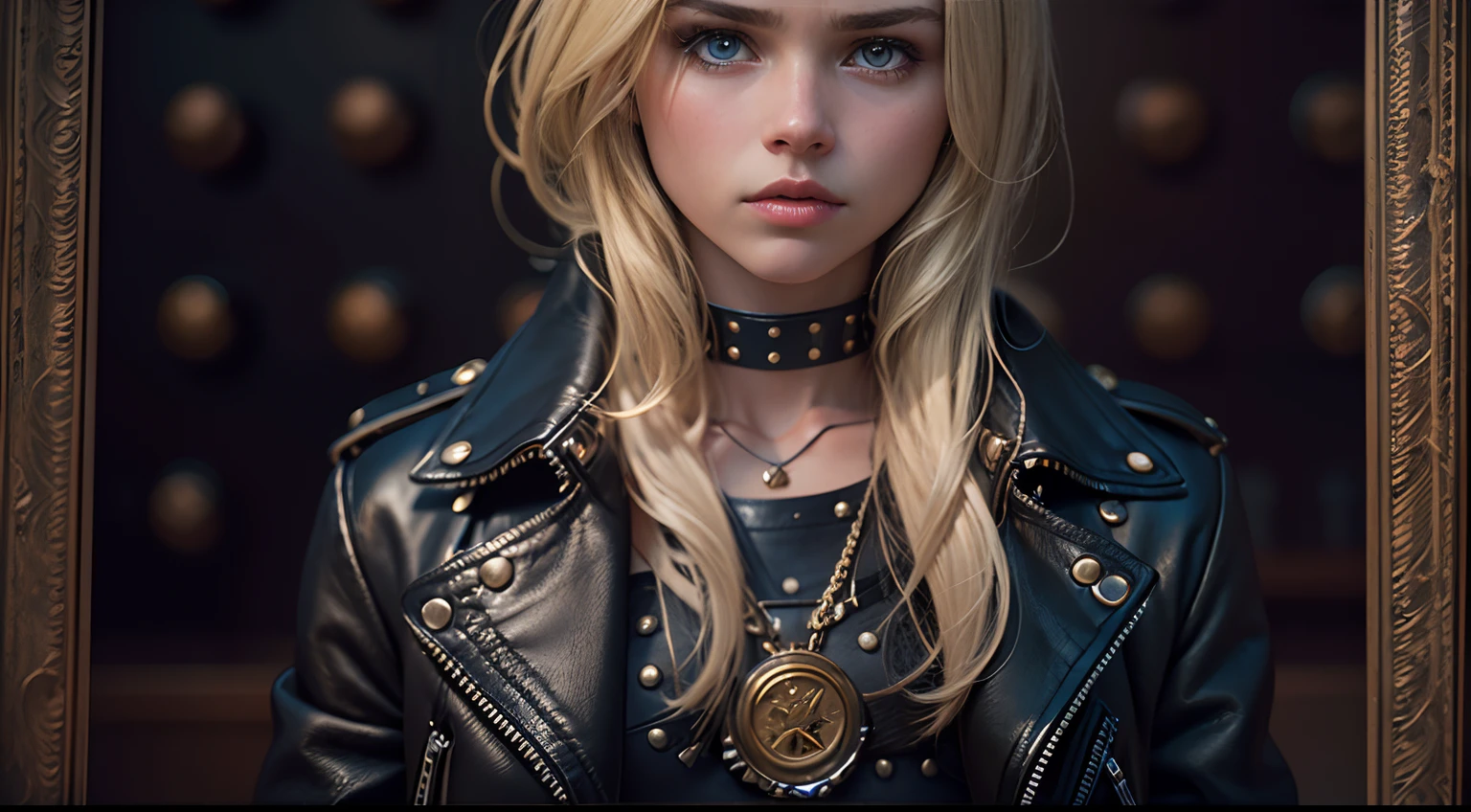 Portrait of a blonde girl. 20 years old, photograph, wearing studded collar, wearing leather shorts, wearing a black leather jacket, wearing boots, punch rivet belt, highly detailed face, depth of field, moody light, golden hour, style by Dan Winters, Russell James, Steve McCurry, centered, extremely detailed, Nikon D850, award winning photography