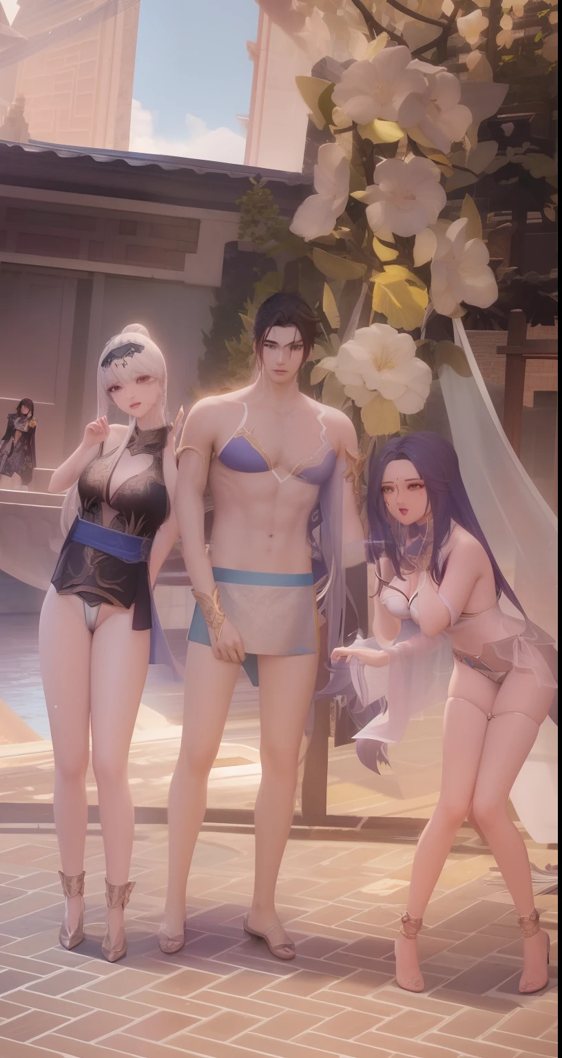 there are three people standing next to each other in a courtyard, <mmorpgs scene, korean mmo, fashion gameplay screenshot, korean mmorpg, inspired by Sim Sa-jeong, summer swimming party, mmo, aion, pool party, trending on cgstation, loincloth, 165 cm tall, wearing loincloth, is wearing a swimsuit, diverse outfits