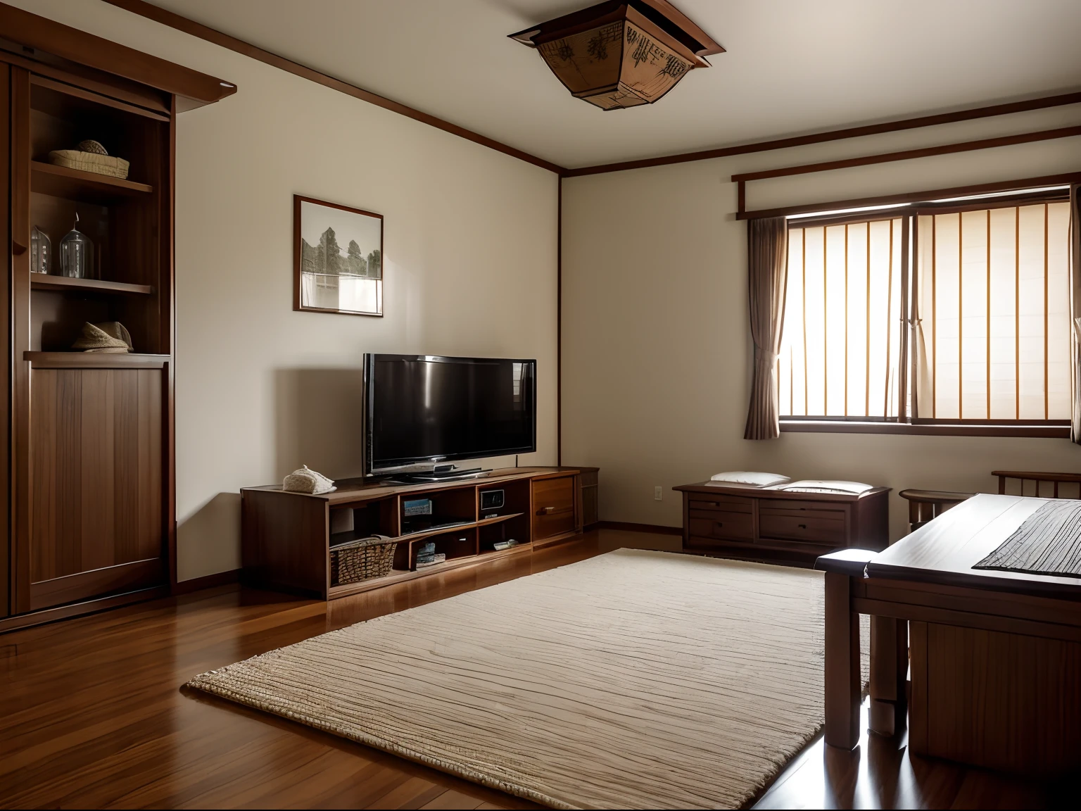 ((low angle:1,5)),((look up:1,5)), ((large chest of drawers or wardrobe:1,5)), Backlighting, Dark, old traditional house, Home video, subjective, miscellaneous, messy,((A room with curtains drawn closed)),Decorated curtains,((Tatami:1,3)), ((low table)),((small room:1,3)),((Buddhist altar)),((a room with no incoming light)), ((blackout curtains)), cluttered,hardwood flooring, ((narrow hallway)),((Small room)), Carpet, rug mat, kitchen cabinet, Showa-era retro, rental housing, cluttered, decadent, dilapidated, wooden house, typical Japanese home, intricately crafted doors, antique three-tiered box,((TV)), ((air conditioner)), ((low table)), tea cup and snacks on the low table, indoor drying, ((laundry hanging in the room)), Hanging up clothes to dry,sliding doors (fusuma), curtains, windows, fixed telephone on the three-tiered box, bookshelves