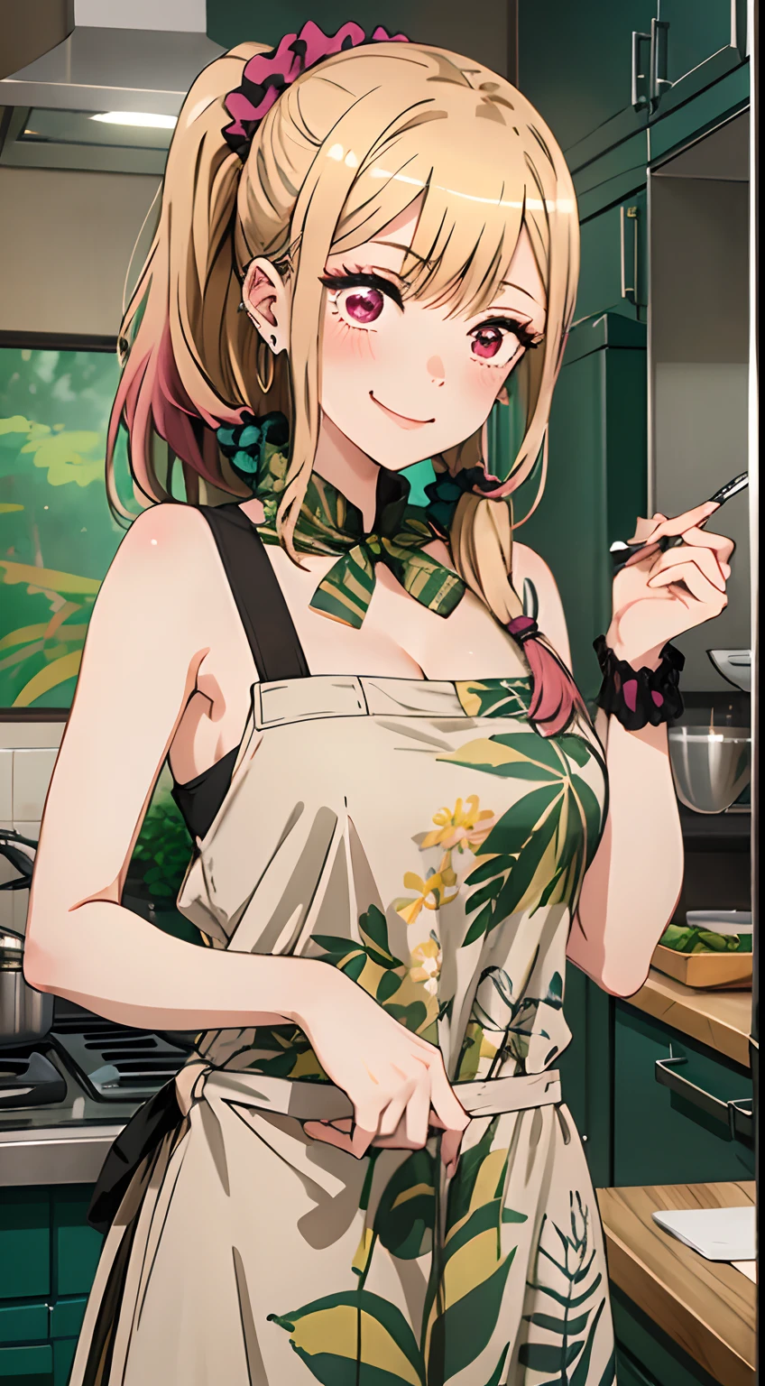 sayaendo, brown eyes, blonde hair, long hair, hairclip, ear piercing, sanpaku, open mouth, fang, apron, 1girl, solo, facing viewer, looking at viewer, upper body, smile,