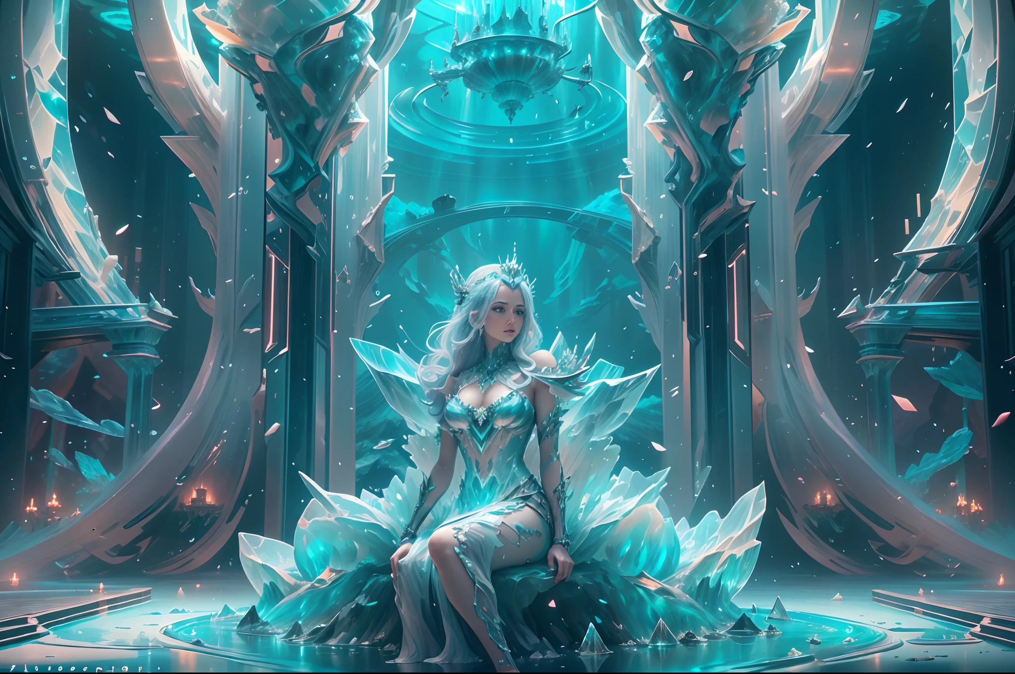 ModelShoot style, (Extremely detailed Cg Unity 8K wallpaper),Beautiful deep sea landscape,Fantastic transparent ethereal queen stylized abstract portrait close-up,The crown of the futuristic queen,Futuristic underwater translucent ice palace close-up,Colorful tropical fish, Beautiful coral reef in the background,Undersea Kingdom,Igloo,Ice Sculpture Palace,Ice cube room,The palace of the Ice Queen,Art germ, Broken glass, ((bubbly underwater scenery)) ,Radiant light octane rendering is highly detailed,photography of:Brandon Woelfelmist,Surreal dreams,Surrealist art fantasy style,Epic digital fantasy art style,lute,hdr,Beautiful sci-fi art, Science-fi digital art illustration, Digital cyberpunk art, science fiction digital painting, futuristic digital painting, futuristic concept art, Sci-fi deep-sea cyberpunk, Cyberpunk Atlantis in front of the landscape, science fiction digital art, Advanced digital cyberpunk art, dreamy cyberpunk girl