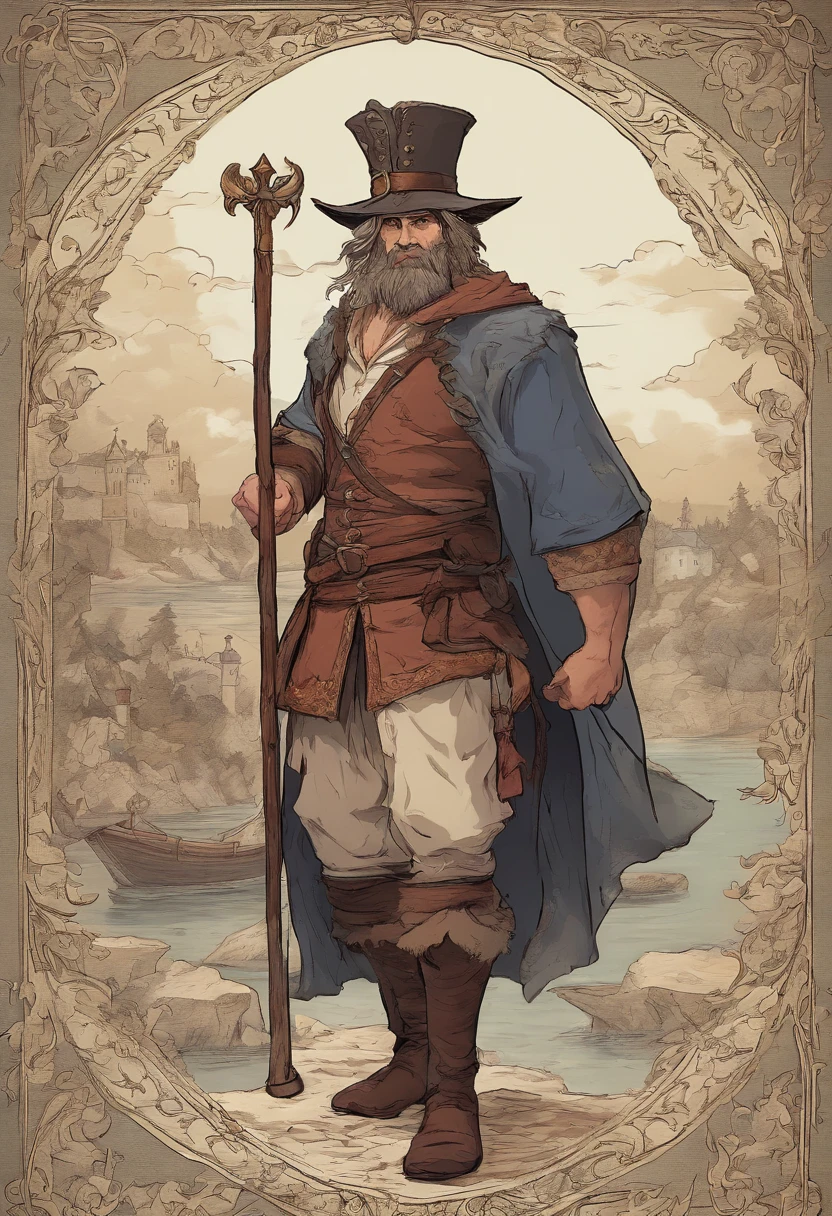 16.9 A realistic illustration of a large size, Muscular man wearing a magician's hat and holding a scepter, stands with his back to the camera in the foreground, Dealing with boats, On peut voir des marchands remplir l'embarcation, port rempli de bateau, Medieval port