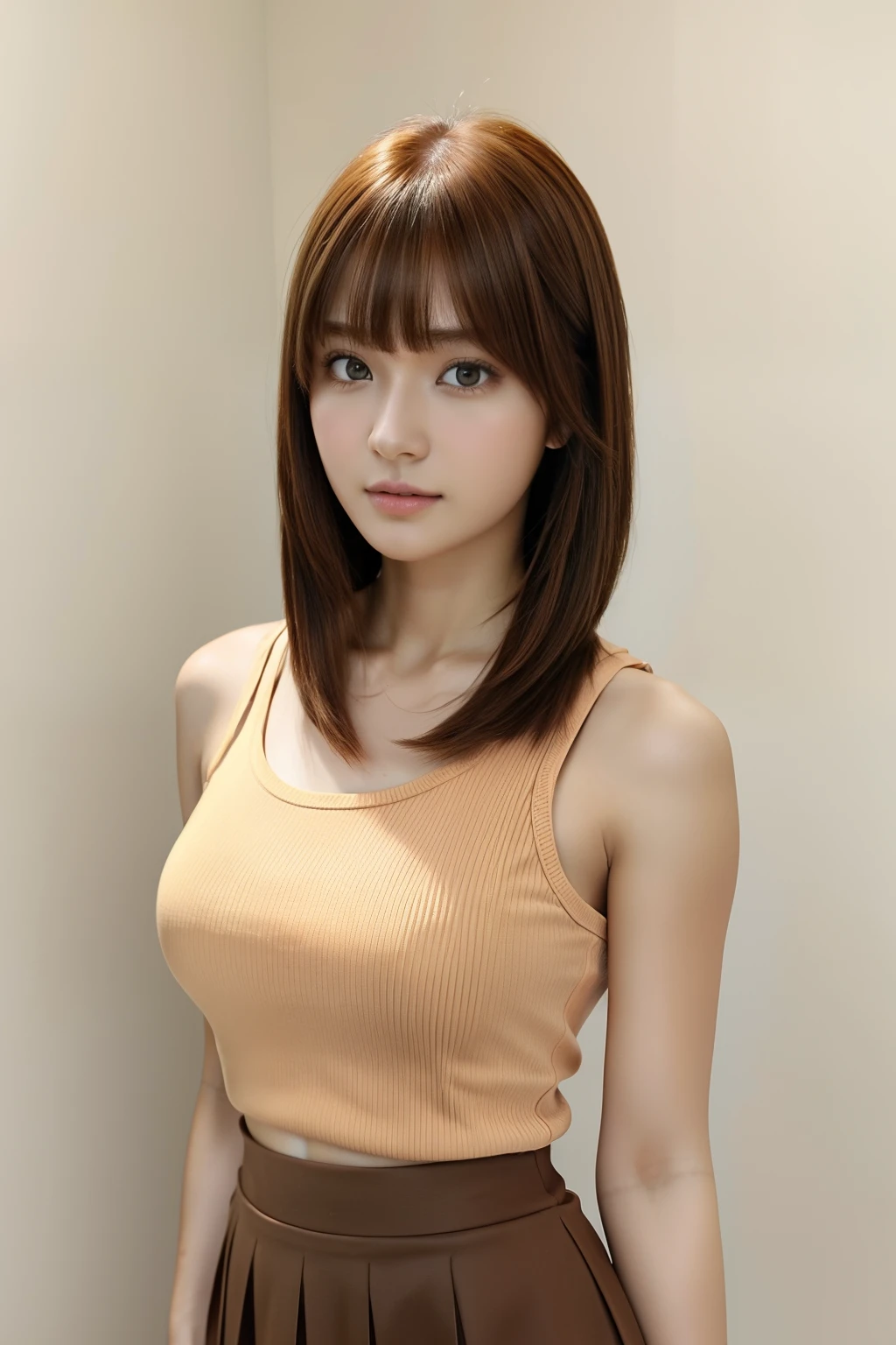 Realistic, Photorealsitic, masutepiece, Best Quality, 超A high resolution, Raw photo, Face Focus, elegent, Full body, (1girl in), 22year old, Tank Tops, Orange Tight Medium Skirt, (Brown hair), (Bangs Hair), Standing, (Smaller bust), Looking at Viewer, Beautiful fece, No makeup, Clean face, Perfect Anatomy, perfectly proportions, detailed human body