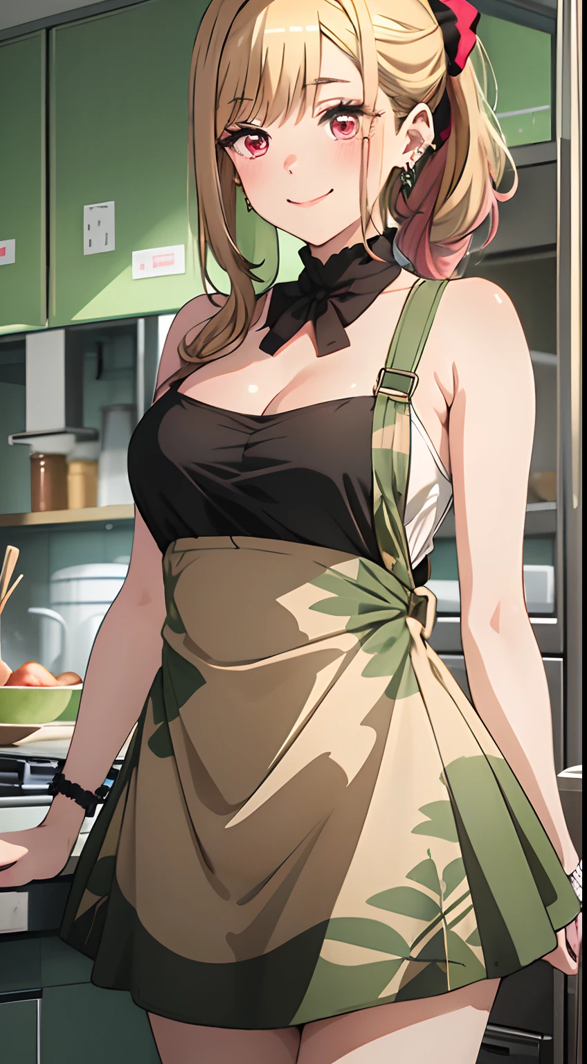 best quality, (masterpiece:1.2), detailed,
kitagawa marin sb,
1girl, solo, closed mouth, light blush, smile, earrings,
long hair, blonde hair, red eyes, multicolored hair, front ponytail, hair scrunchie,
green apron, patterned clothing, sleeveless, cleavage,
standing, looking at the viewer,
kitchen