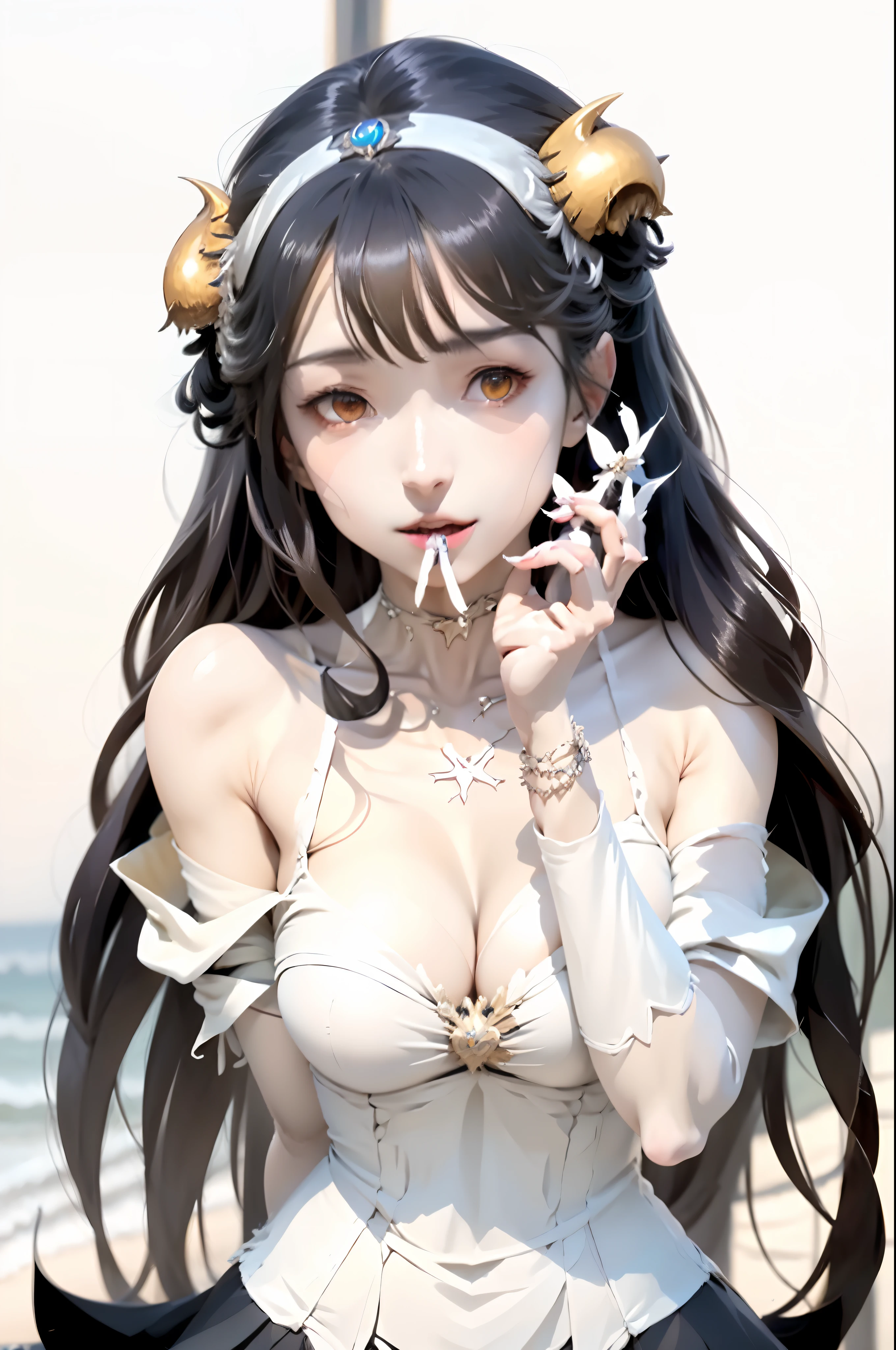 anime girl with horns on her head smoking a cigarette, albedo from overlord, albedo from the anime overlord, hestia, albedo, anime goddess, ahegao, female anime character, albedo texture, anime character, shikamimi, Realistic, seccubus,