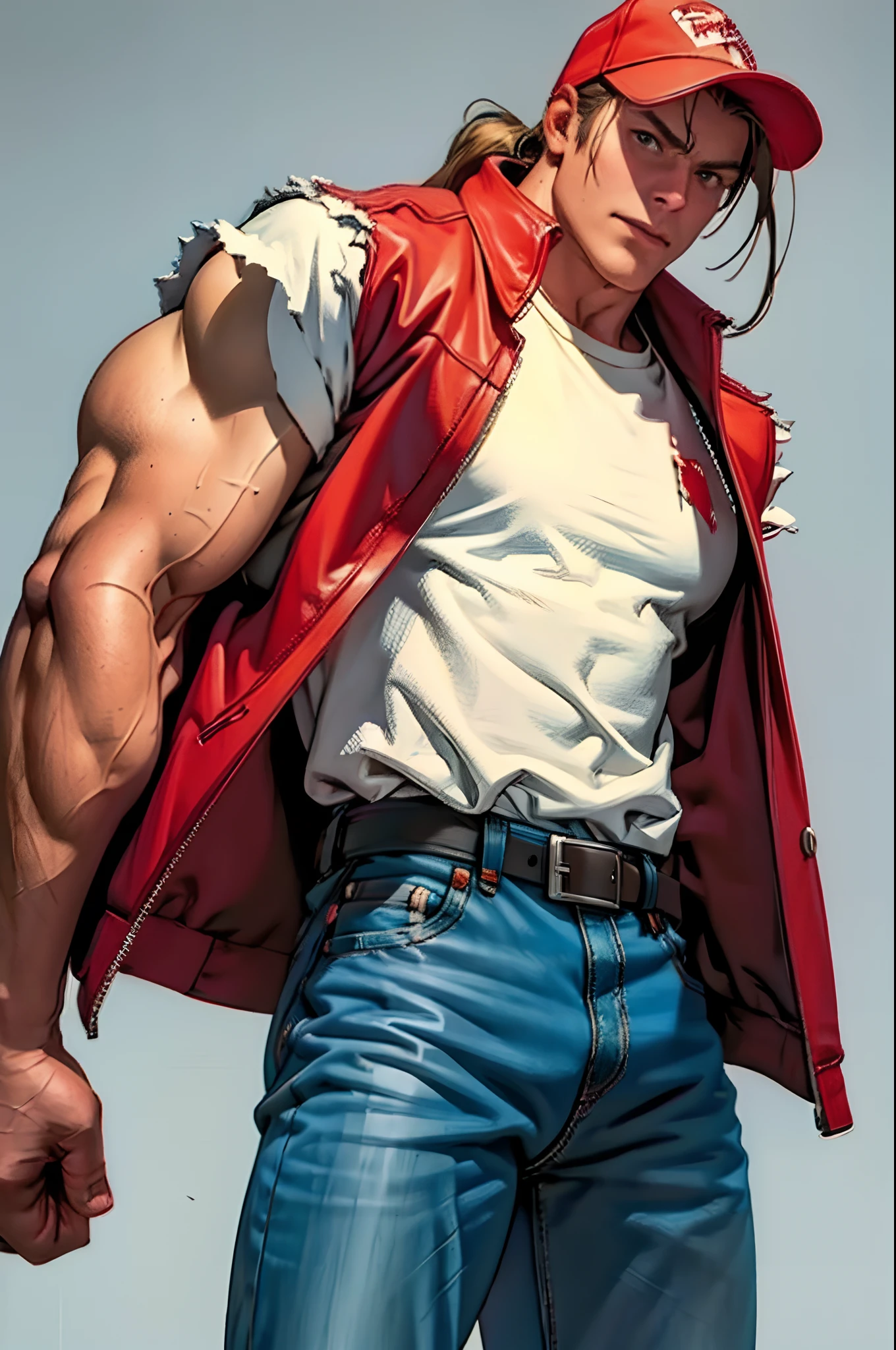 masterpiece, best quality, ultra -detailed, finely detail Terry Bogard, white shirt, red vest, black belt, blue jeans, half body, detailed hands