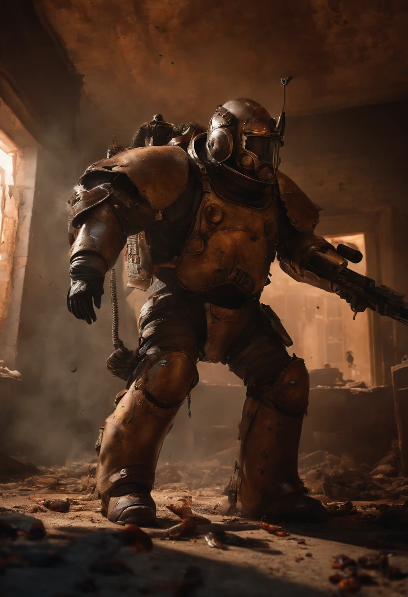 A heavy bulky man with armor and flamethrower fighting against a humanoid cockroach in a room of a post apocalyptic destroyed building, Surrounded with a cluster of cockroaches around him on the walls. Eerie, Creature, Hyper Realistic.