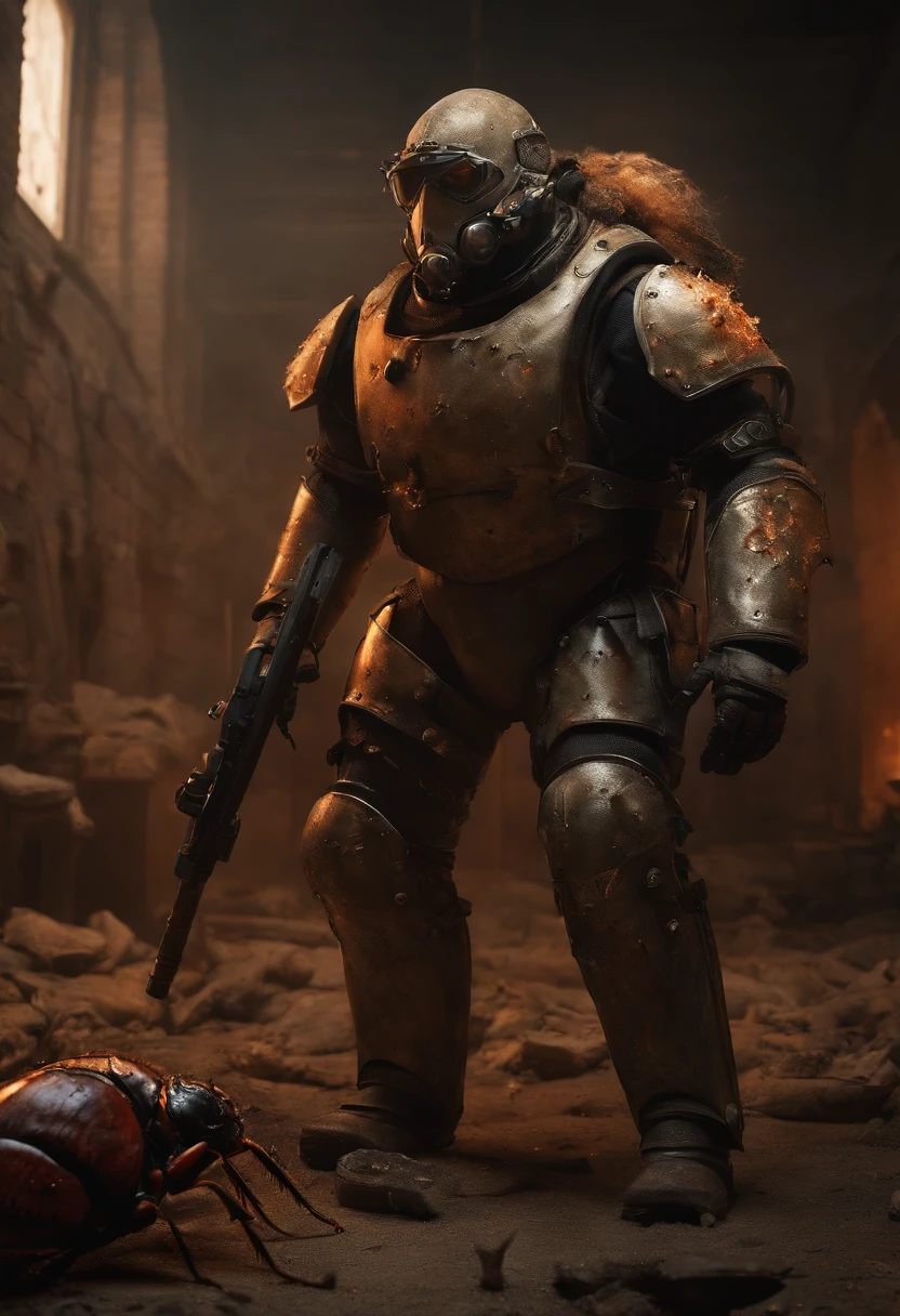 A heavy bulky man with armor and flamethrower fighting against a humanoid cockroach in a room of a post apocalyptic destroyed building, Surrounded with a cluster of cockroaches around him on the walls. Eerie, Creature, Hyper Realistic.