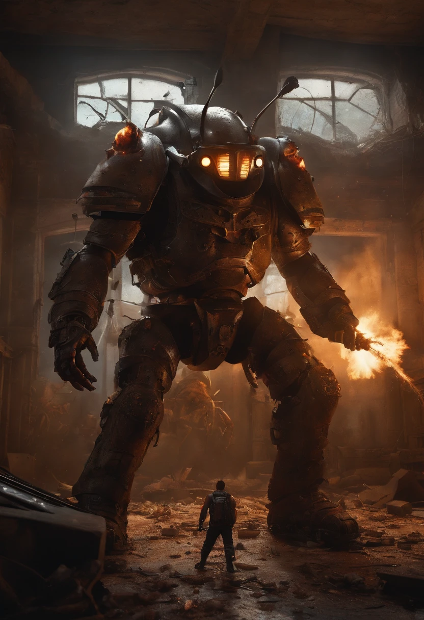 A heavy bulky man with armor and flamethrower fighting against a humanoid cockroach in a room of a post apocalyptic destroyed building, Surrounded with a cluster of cockroaches around him on the walls. Eerie, Creature, Hyper Realistic.