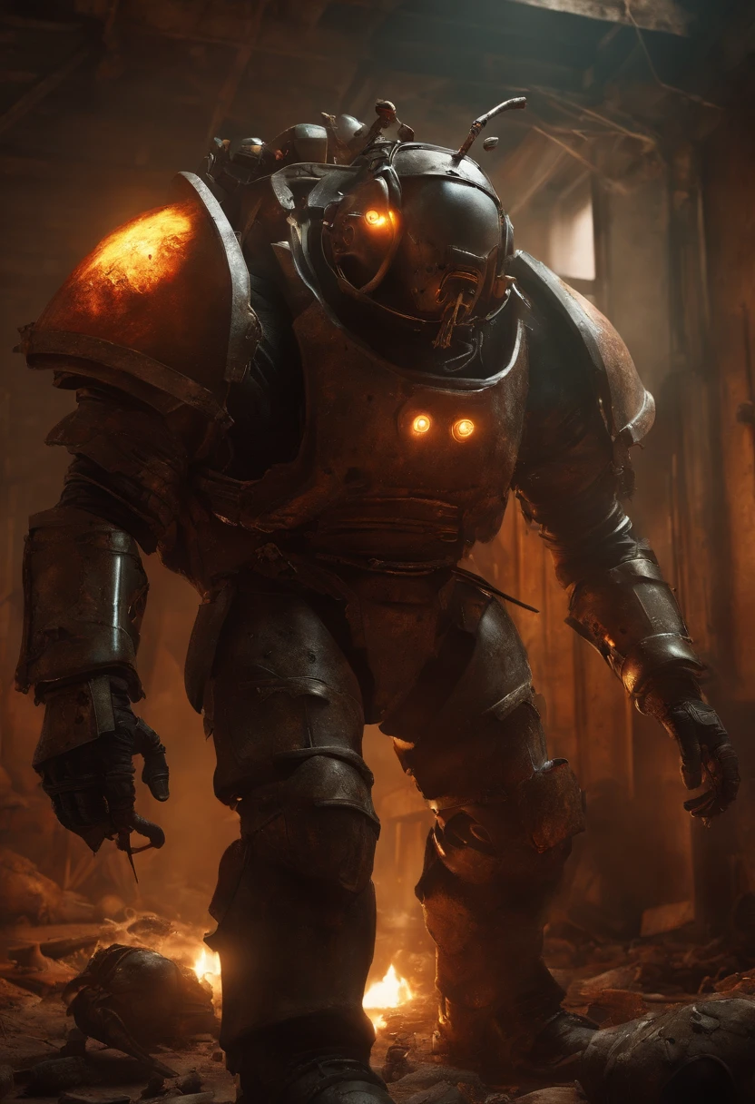 A heavy bulky man with armor and flamethrower fighting against a humanoid cockroach in a room of a post apocalyptic destroyed building, Surrounded with a cluster of cockroaches around him on the walls. Eerie, Creature, Hyper Realistic.