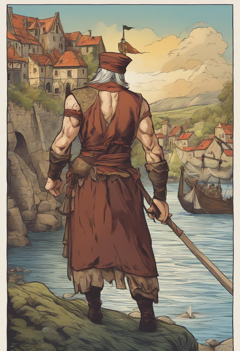 16.9 DE DOS A realistic illustration of a large size, de dos, de dos, Back Muscular Man Wearing a Magician's Hat and Holding a Scepter, stands with his back to the camera in the foreground, Dealing with boats, On peut voir des marchands remplir l'embarcation, port rempli de bateau, Medieval port