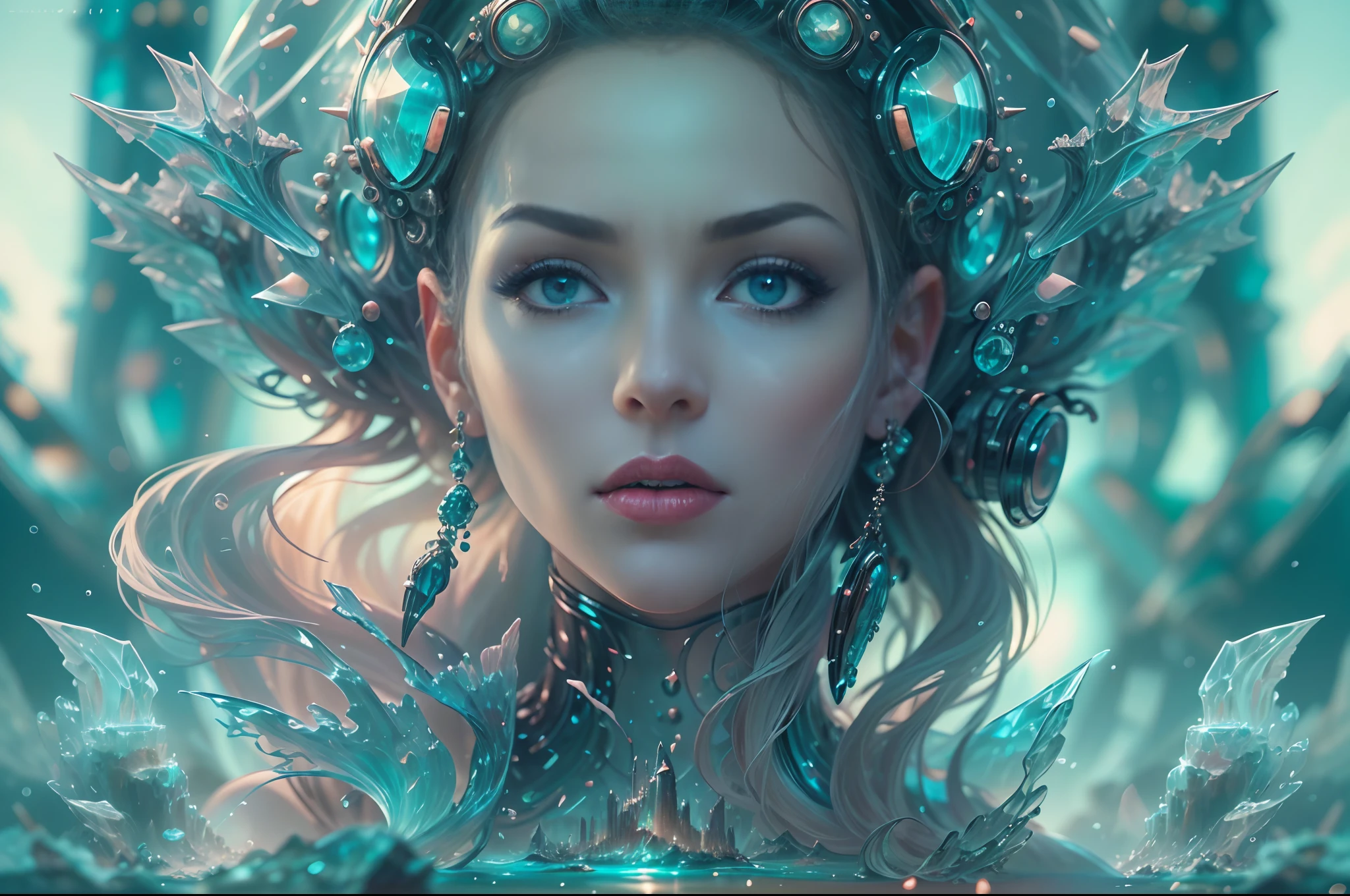 ModelShoot style, (Extremely detailed Cg Unity 8K wallpaper),Beautiful deep sea landscape,Translucent portrait of the Queen of the Sea,The crown of the futuristic queen,Futuristic underwater translucent ice palace close-up,Colorful tropical fish, Beautiful coral reef in the background,Undersea Kingdom,Igloo,Ice Sculpture Palace,Ice cube room,The palace of the Ice Queen,Art germ, Broken glass, ((bubbly underwater scenery)) ,Radiant light octane rendering is highly detailed,photography of:Brandon Woelfelmist,Surreal dreams,Surrealist art fantasy style,Epic digital fantasy art style,lute,hdr,Beautiful sci-fi art, Science-fi digital art illustration, Digital cyberpunk art, science fiction digital painting, futuristic digital painting, futuristic concept art, Sci-fi deep-sea cyberpunk, Cyberpunk Atlantis in front of the landscape, science fiction digital art, Advanced digital cyberpunk art, dreamy cyberpunk girl,Fantastic transparent ethereal girl stylized abstract portrait close-up