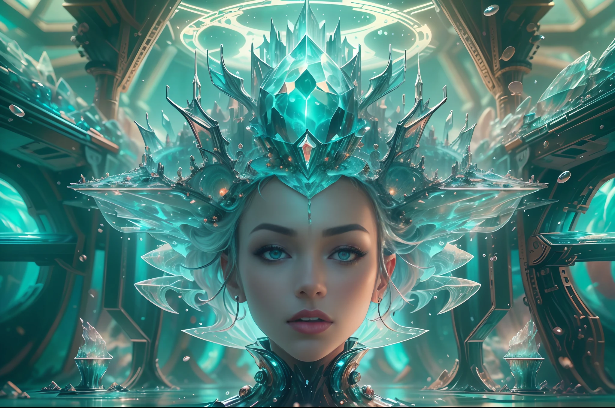 ModelShoot style, (Extremely detailed Cg Unity 8K wallpaper),Beautiful deep sea landscape,Translucent portrait of the Queen of the Sea,The crown of the futuristic queen,Futuristic underwater translucent ice palace close-up,Colorful tropical fish, Beautiful coral reef in the background,Undersea Kingdom,Igloo,Ice Sculpture Palace,Ice cube room,The palace of the Ice Queen,Art germ, Broken glass, ((bubbly underwater scenery)) ,Radiant light octane rendering is highly detailed,photography of:Brandon Woelfelmist,Surreal dreams,Surrealist art fantasy style,Epic digital fantasy art style,lute,hdr,Beautiful sci-fi art, Science-fi digital art illustration, Digital cyberpunk art, science fiction digital painting, futuristic digital painting, futuristic concept art, Sci-fi deep-sea cyberpunk, Cyberpunk Atlantis in front of the landscape, science fiction digital art, Advanced digital cyberpunk art, dreamy cyberpunk girl,Fantastic transparent ethereal girl stylized abstract portrait close-up