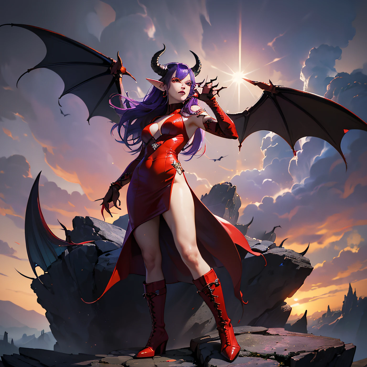 (Masterpiece, high quality, high definition), 1demon girl, beautiful and extremely sexy, (perfect body), (defined thighs), (pointed ears), (horns), (red eyes), (purple hair), ( beautiful, bright eyes), (hair thrown in front, long hair), ((giant bat wings)), ((big hands and claw nails):1.3), wearing a detailed and extremely sexy red skin-tight dress, (boots ), ((full body), (skin texture), (extremely detailed skin), standing on a rock looking at viewer, low angle, isometric perspective, (apocalyptic landscape) --auto