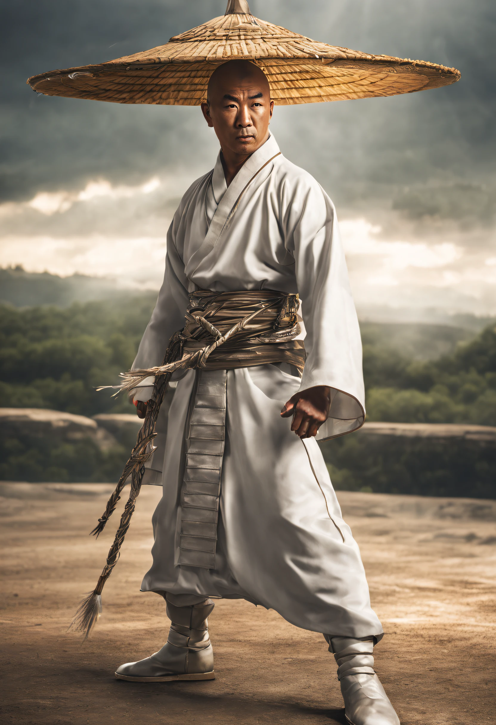 lightning falling from the sky, Shaolin monk, white thunder god costume, (conical Asian straw hat), silver leather belt, full body, 8k, maximum details