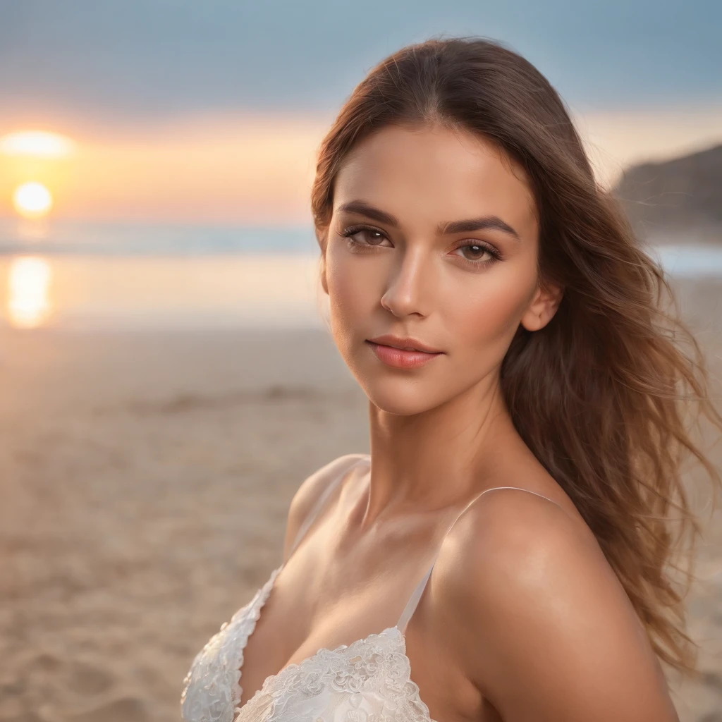 Desnuda, tetas perfectas, perfecto bronceado, cabello largo y sedoso, arena blanca y suave, aguas cristalinas, cielo despejado, luz del sol brillante, sombras suaves, foco nítido, detalles ultrafinos, colores vivos, Estilo Retrato, Warm tonality, Soft studio lighting. (La mejor calidad, 4k, Altas Resoluciones, Ultra detallado, fotorrealista:1.2), HDR, UHD, Fine Art Photography, Escena de playa, Belleza impresionante.