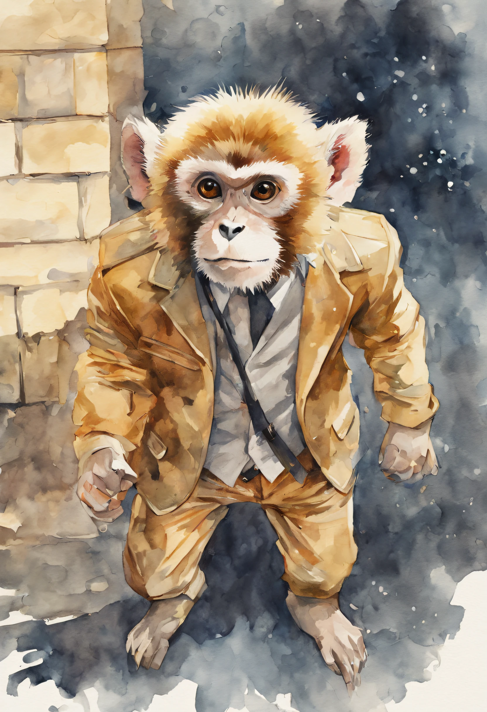 (((Bruno Amadio watercolor style))),(((following eyes effect))),((pastel light colors)),(((mexican narco culture enviroment)),(((The underneath view of ((( detailed ))) A golden snub-nose monkey using gangsta suit on the mexico's street , Provocative, in the style of watercolour, tetradic colors, 3D vector art, cute and quirky, fantasy art, watercolor effect, bokeh, hand-drawn, digital painting, low-poly, soft lighting, bird's-eye view, isometric style, retro aesthetic, focusedon the character, 8K resolution, photorealistic rendering, usingCinema 4D,highly detailed, professional light