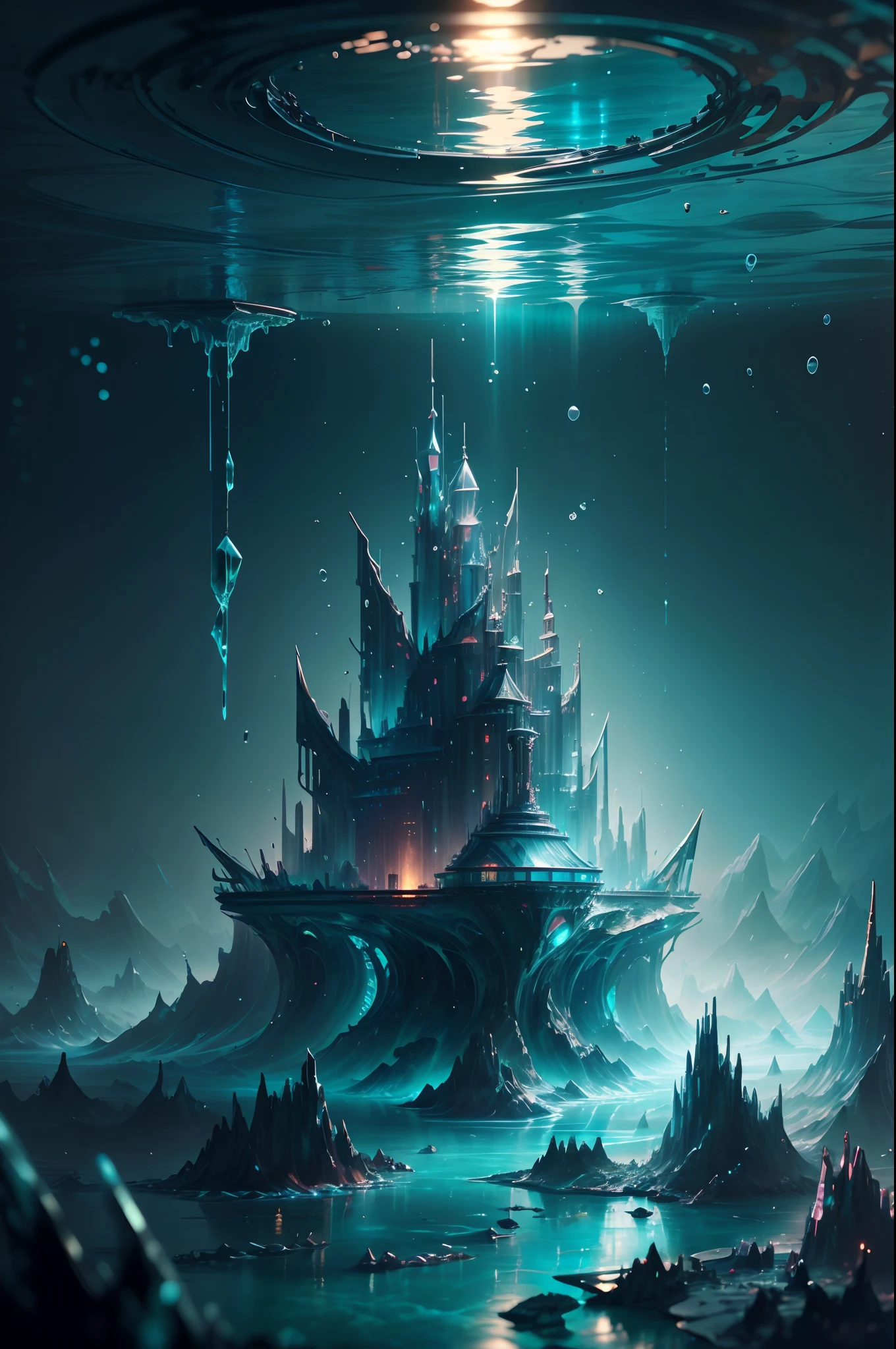 ModelShoot style, (Extremely detailed Cg Unity 8K wallpaper),Beautiful deep sea landscape，Translucent Queen of the Sea，The crown of the futuristic queen，Futuristic underwater translucent ice palace close-up,Colorful tropical fish, Beautiful coral reef in the background，Undersea Kingdom，Igloo，Ice Sculpture Palace，Ice cube room，The palace of the Ice Queen，Art germ, Broken glass, ((bubbly underwater scenery)) ，Radiant light octane rendering is highly detailed,photography of：Brandon Woelfelmist，Surreal dreams，Surrealist art fantasy style，Epic digital fantasy art style，lute，hdr，Beautiful sci-fi art, Science-fi digital art illustration, Digital cyberpunk art, science fiction digital painting, futuristic digital painting, futuristic concept art, Sci-fi deep-sea cyberpunk, Cyberpunk Atlantis in front of the landscape, science fiction digital art, Advanced digital cyberpunk art, dreamy cyberpunk girl
